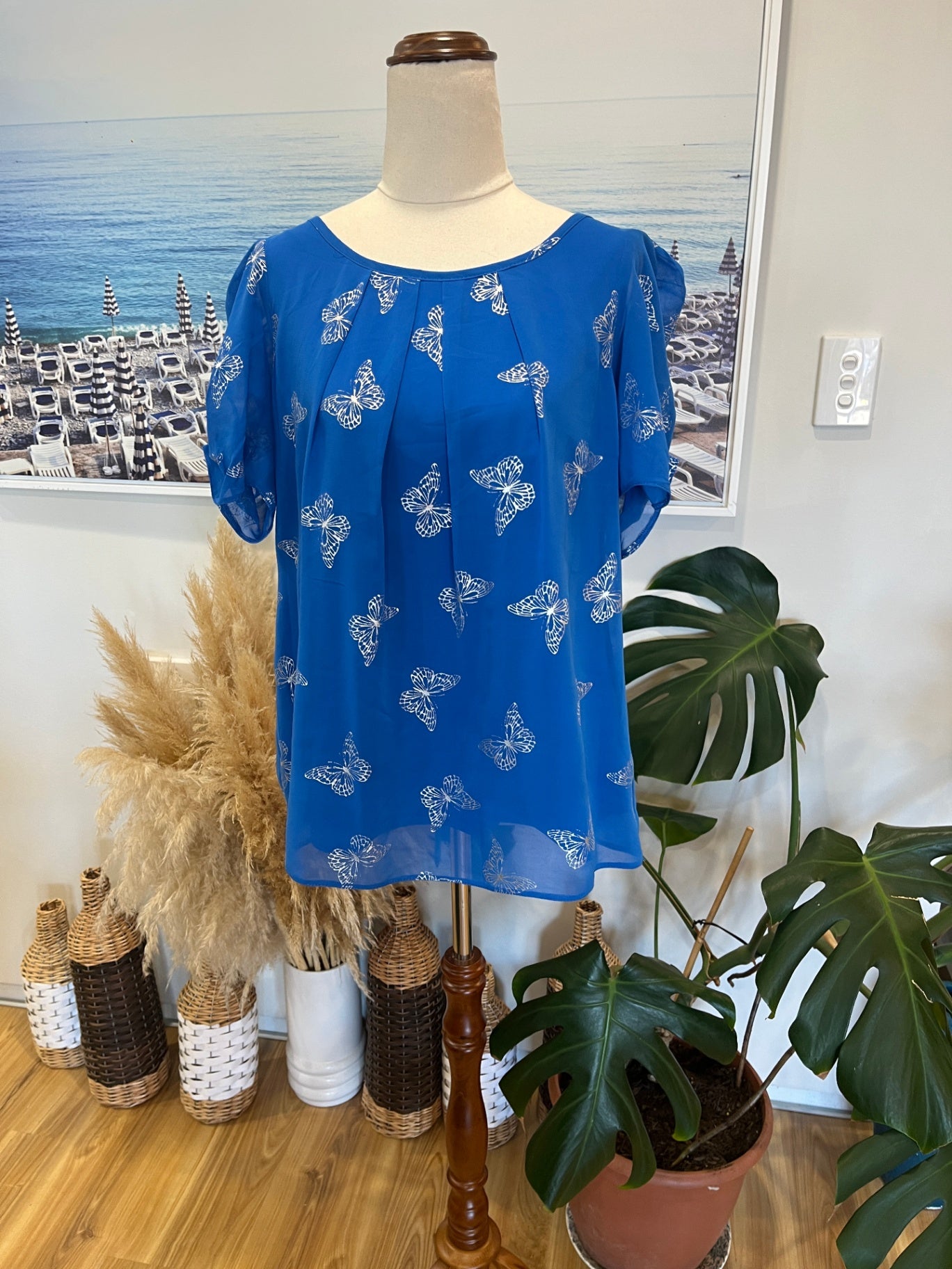 Wallis Blouse Blue with Butterfly Pattern Medium