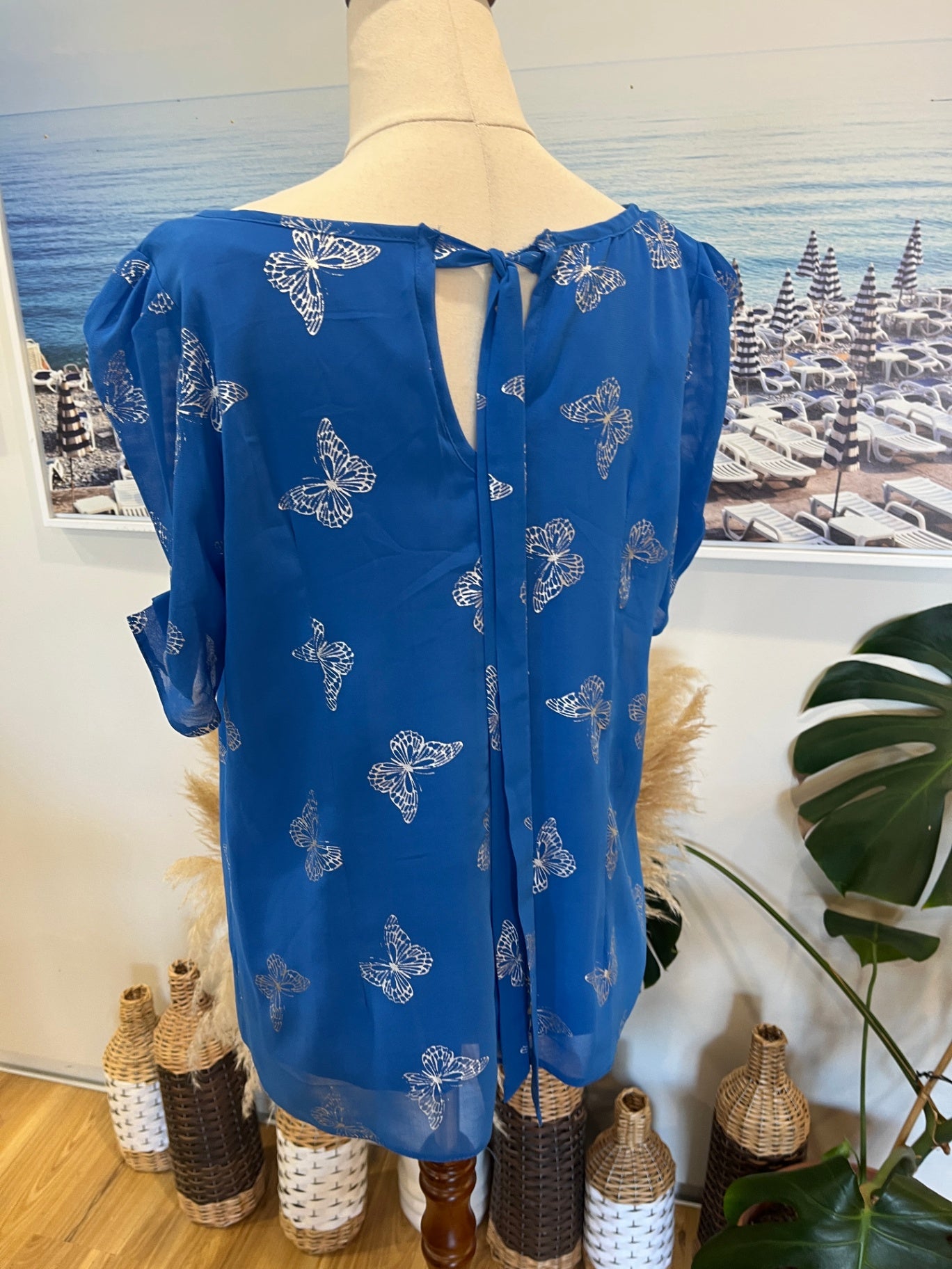 Wallis Blouse Blue with Butterfly Pattern Medium