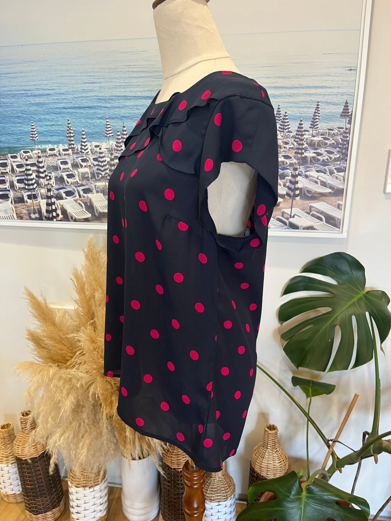 Jacquie Blouse Navy blue with Pink Polka Dots Size 12