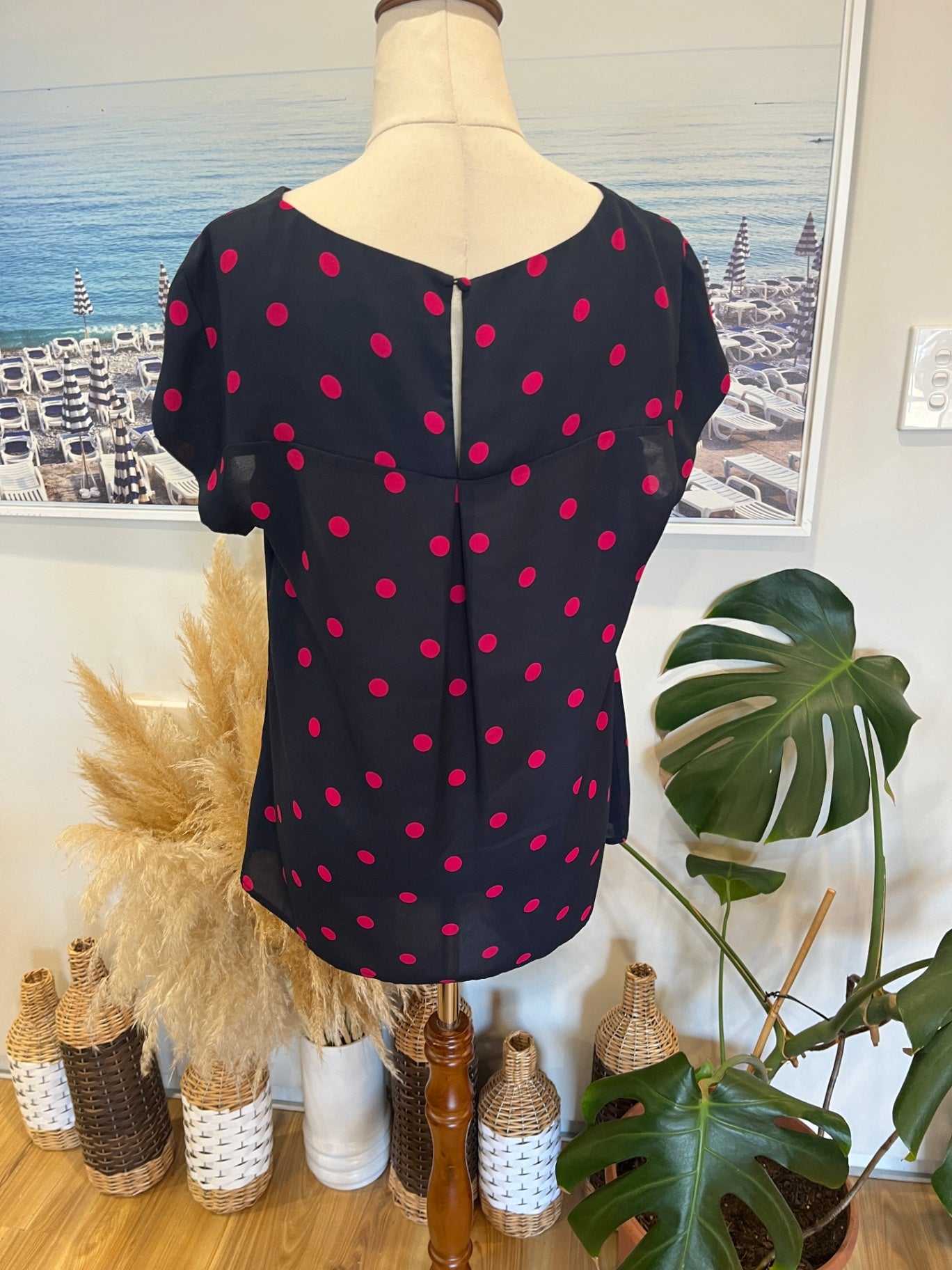 Jacquie Blouse Navy blue with Pink Polka Dots Size 12