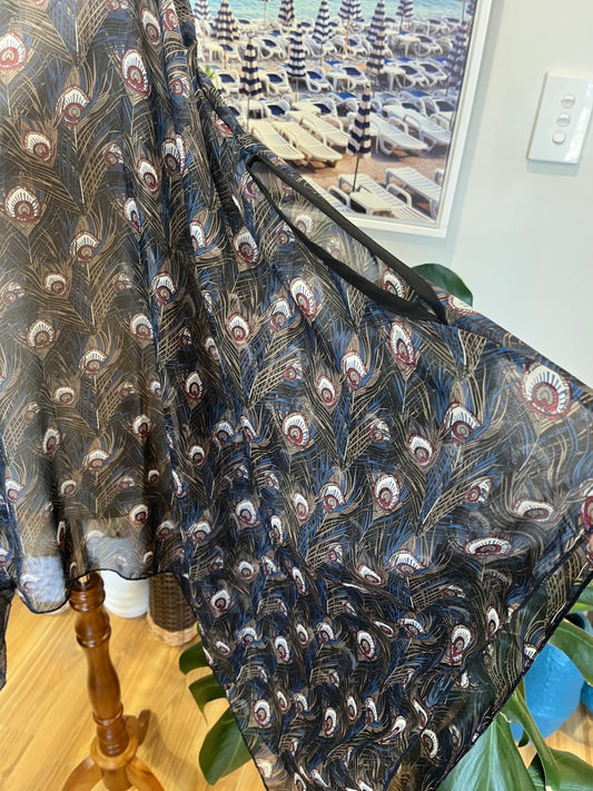 [SALE] Batwing Style Black Blouse Peacock Feather Pattern XL