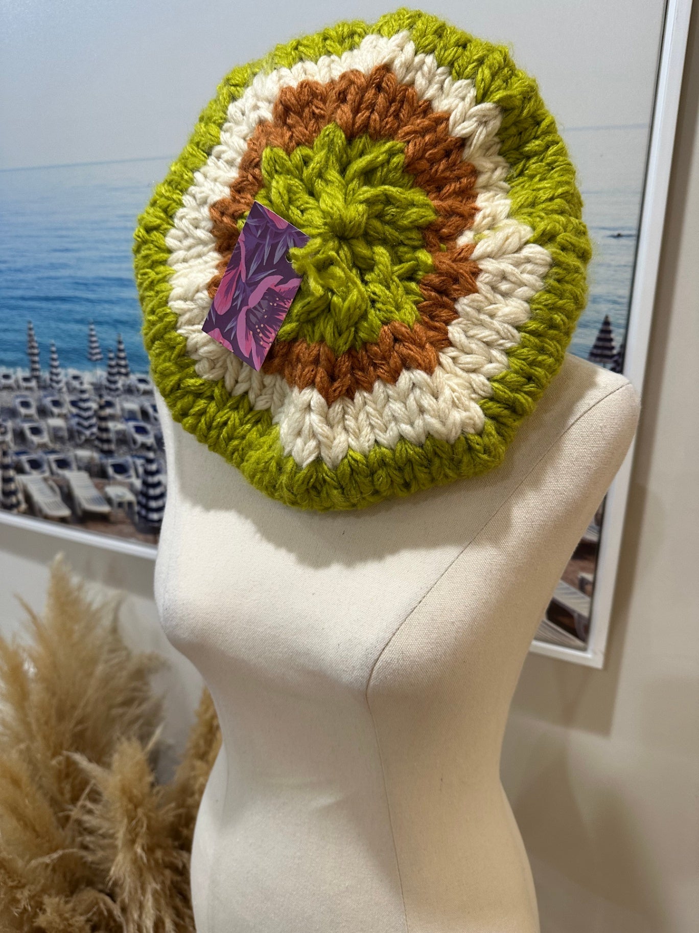 Hat Beret Green/Cream/Beige
