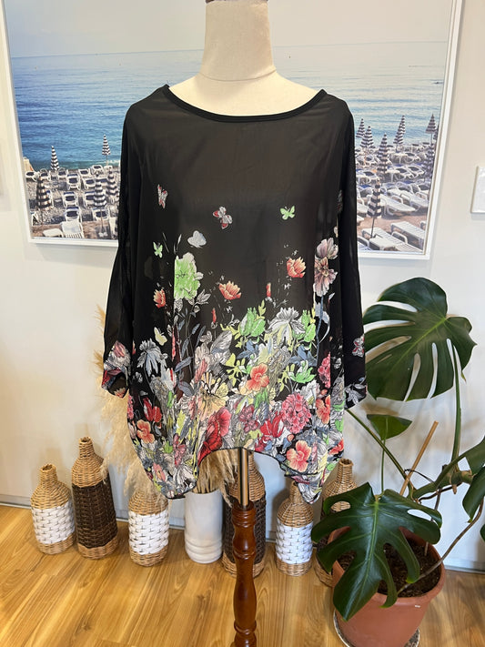 [SALE] Black Blouse with Butterflies and Floral Print XL