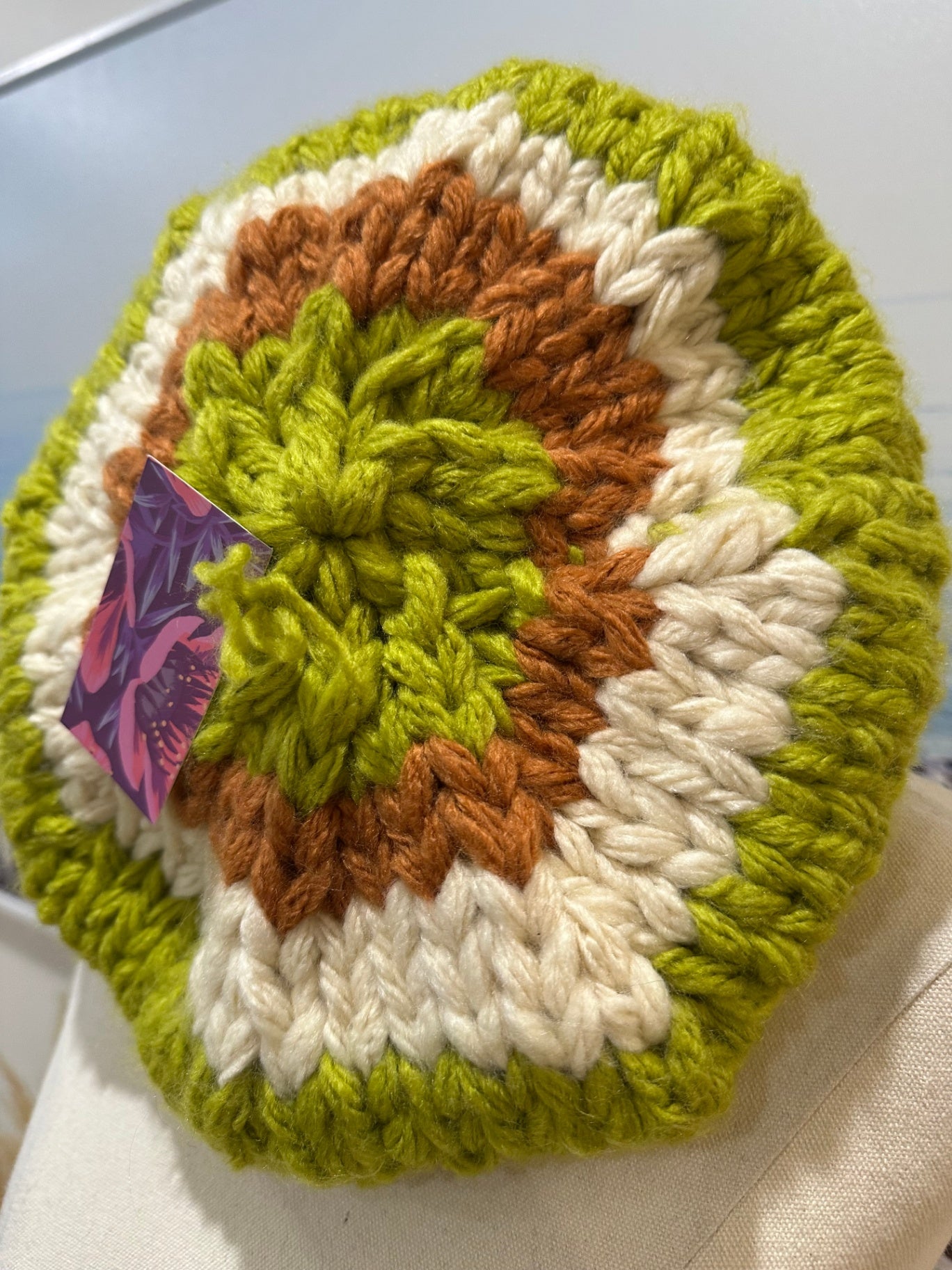Hat Beret Green/Cream/Beige