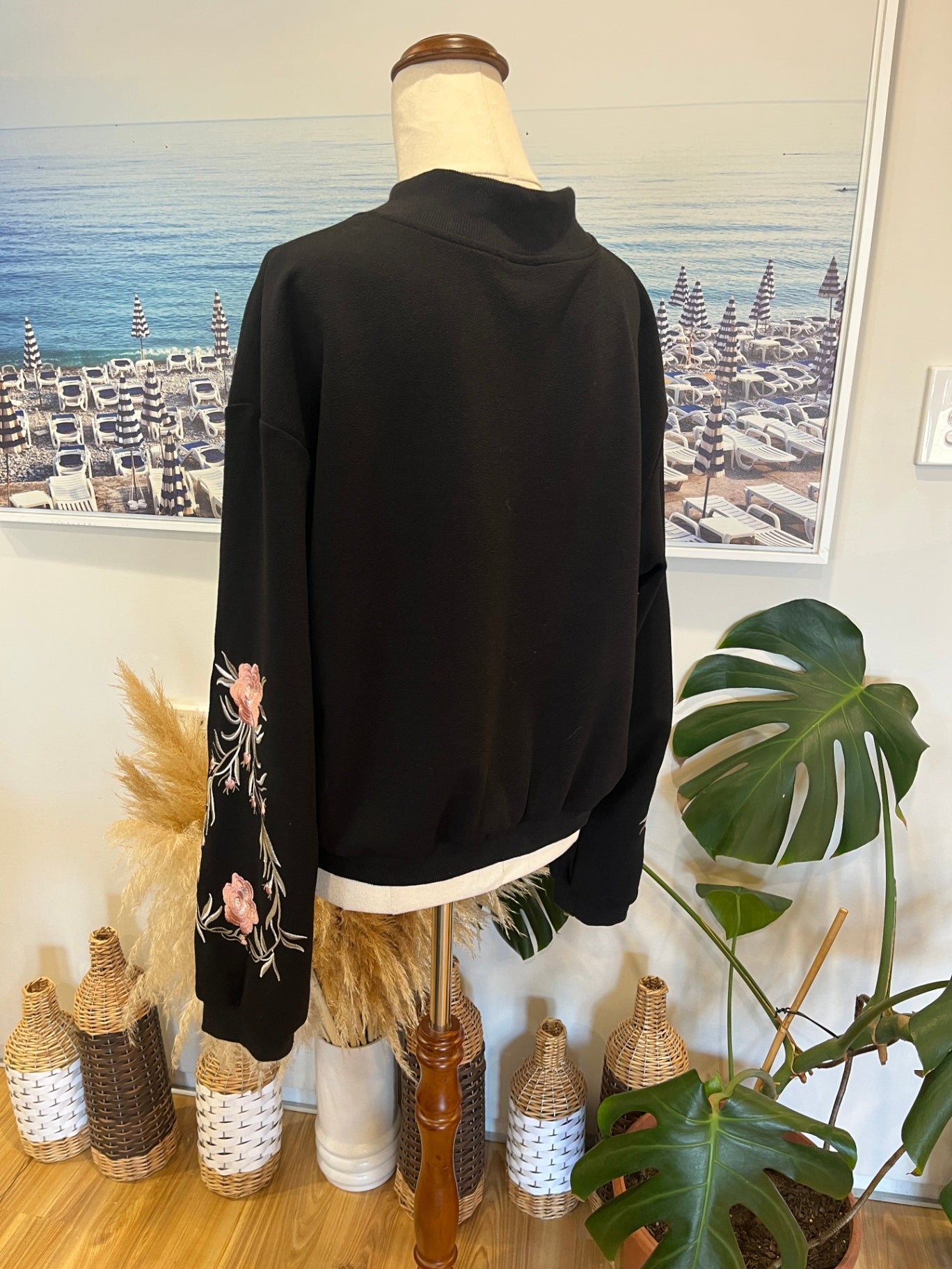 Bomber Style Black Jacket with Embroidery Sleeves Large