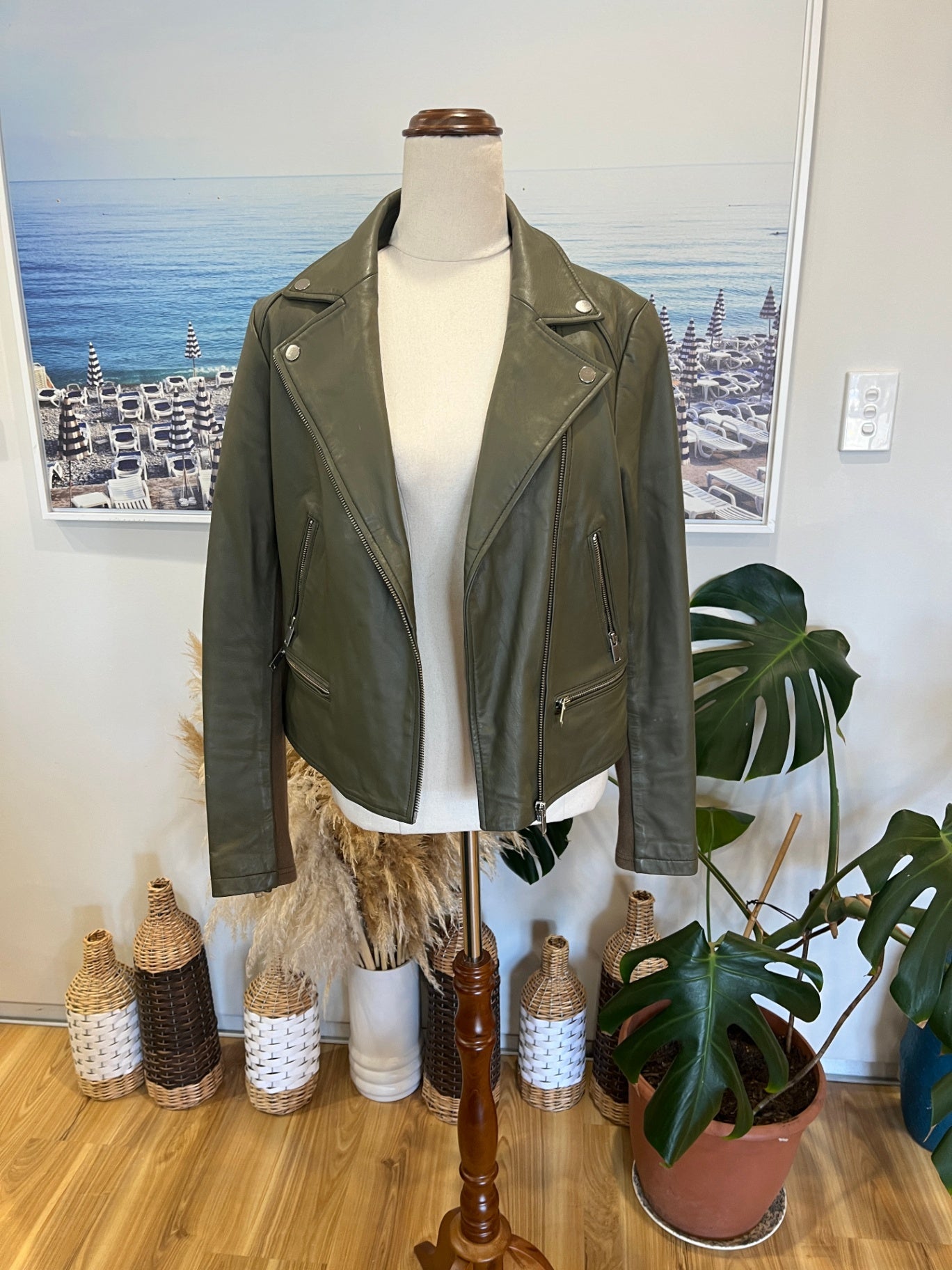 Emerge Olive Green Leather Jacket Size 12