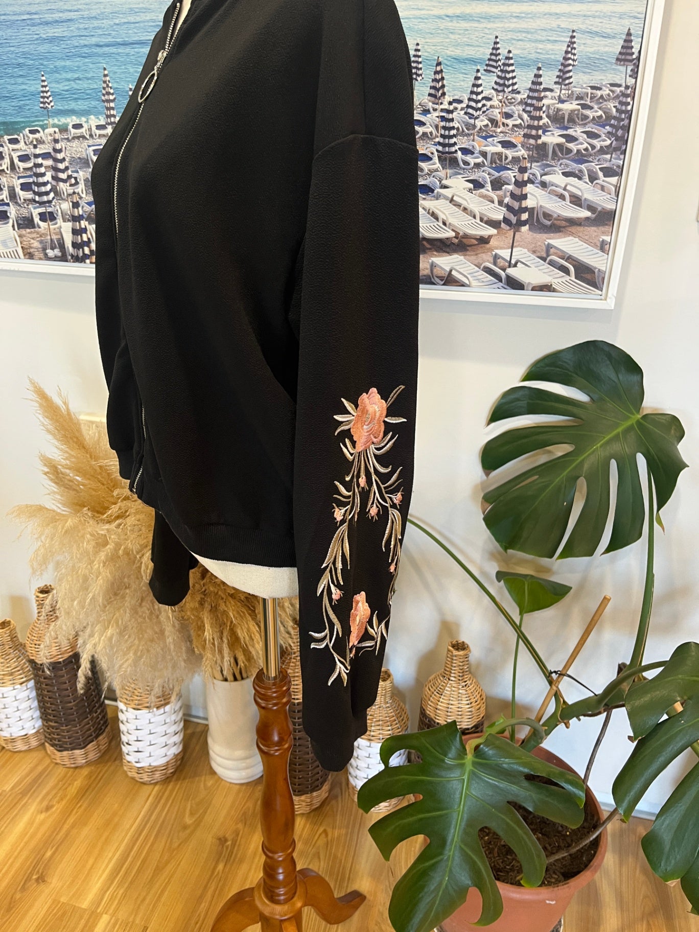 Bomber Style Black Jacket with Embroidery Sleeves Large