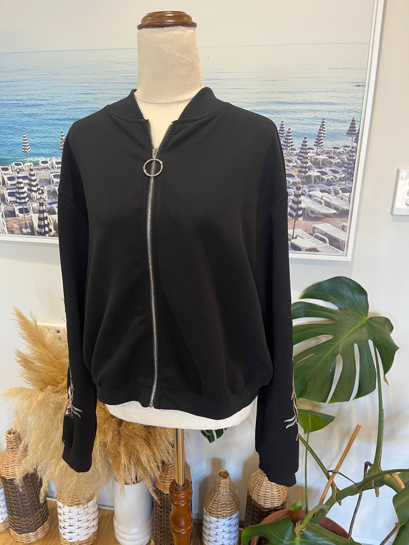 Bomber Style Black Jacket with Embroidery Sleeves Large