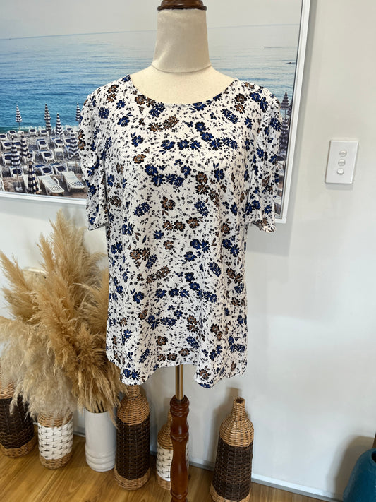 [SALE] Jacqui-E Blouse White with Blue Floral Pattern Size 12