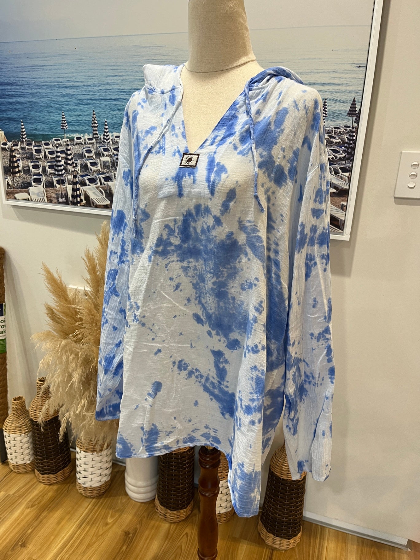 Hooded Top Long-sleeve White and Blue XXL
