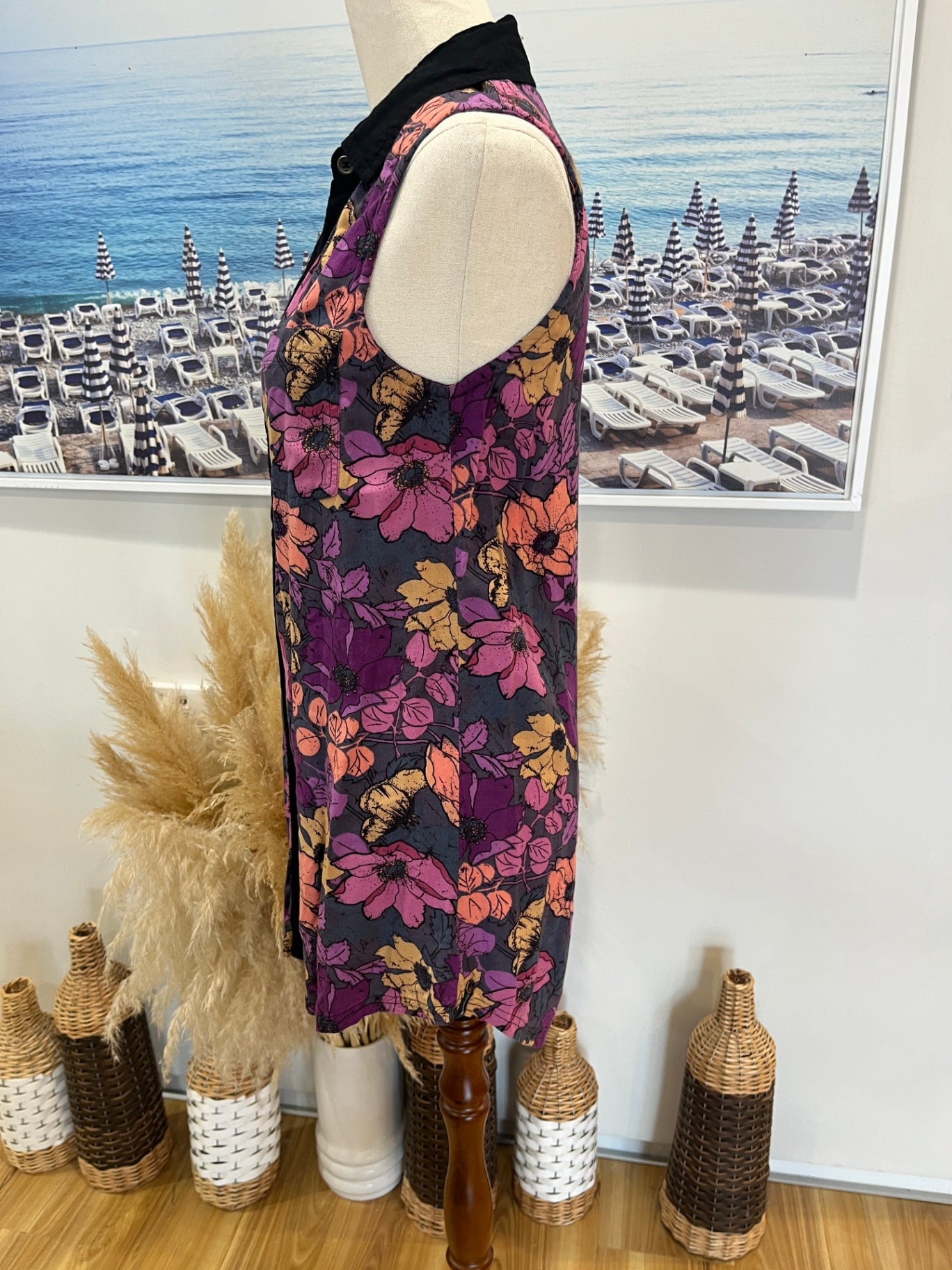 Collared Sleeveless Shirt with Purple Flowers Size 8