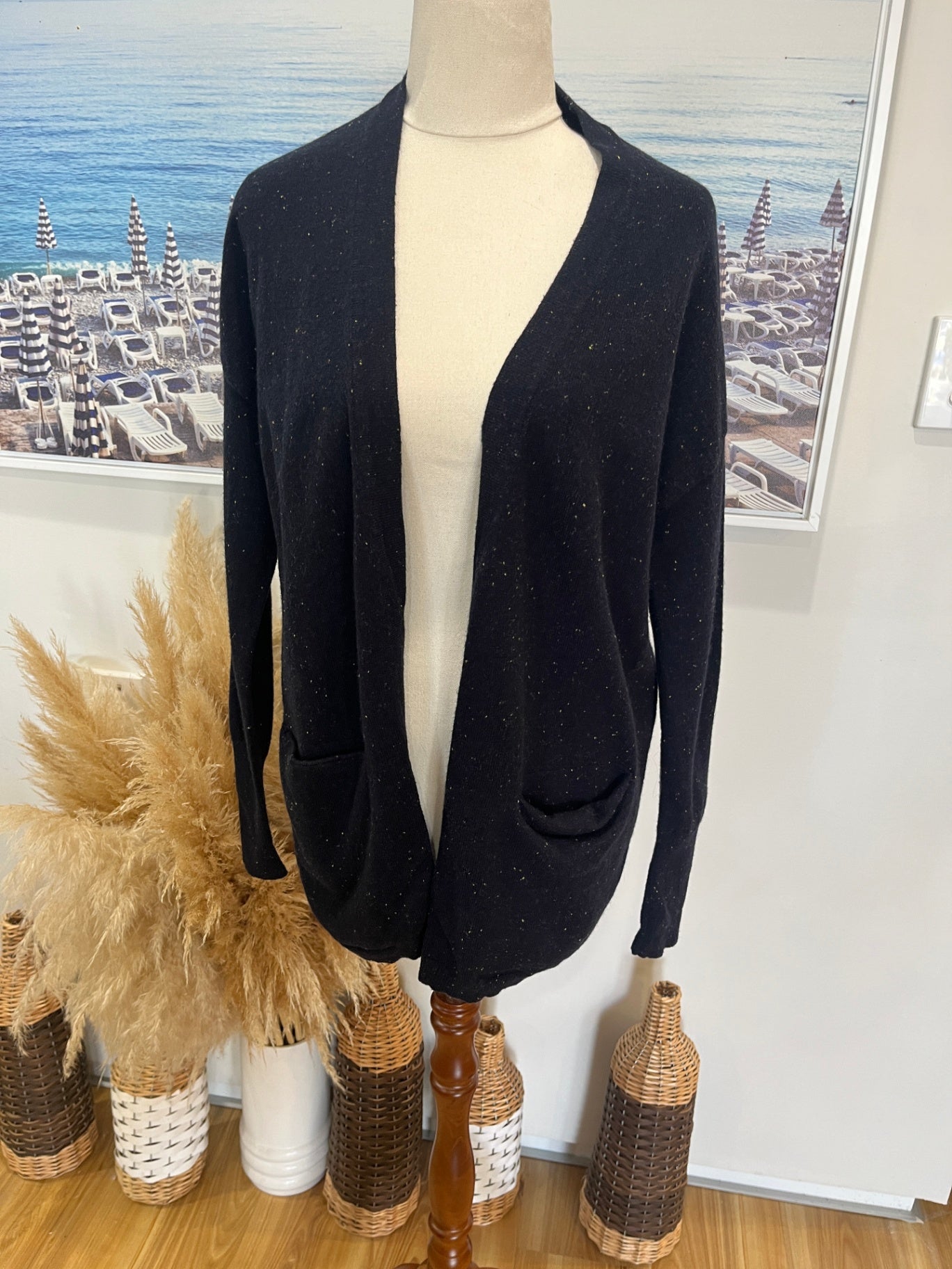 C&C California Black Cardigan with Multicolored Speckles Small