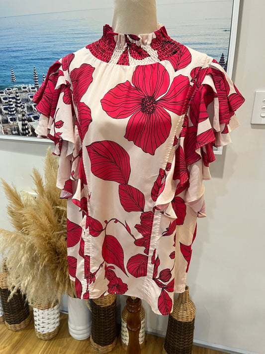 Augustine Top High Neck Short Sleeves White/Pink Floral Size XL