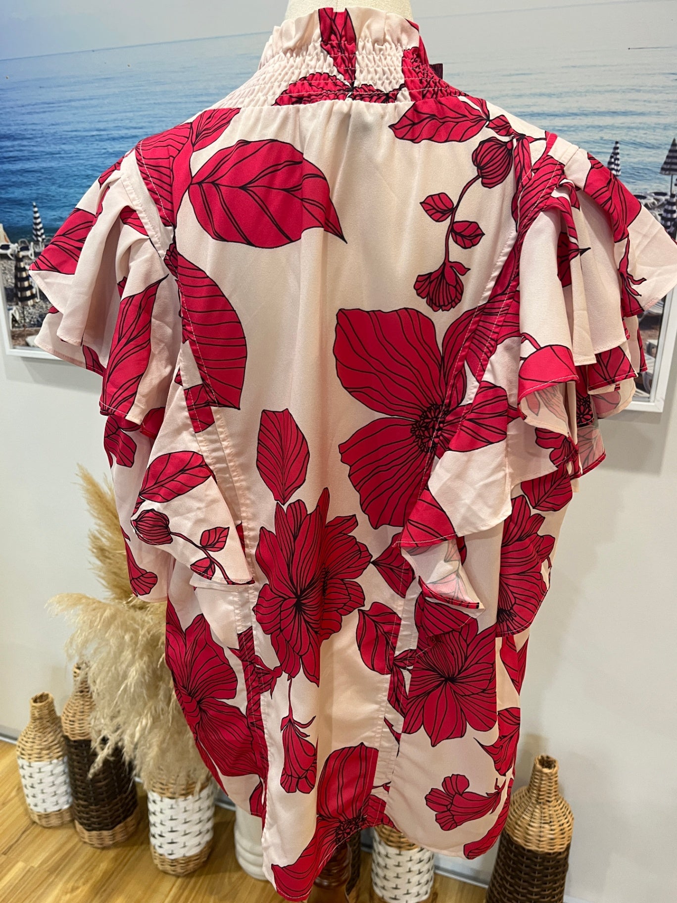 [SALE] Augustine Top High Neck Short Sleeves White/Pink Floral Size XL