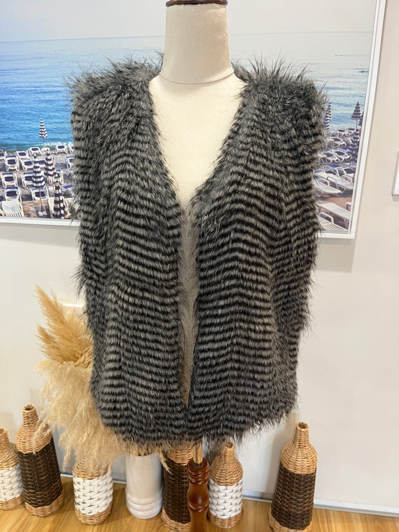 Faux Fur Stripes Vest Grey/BLack  Large