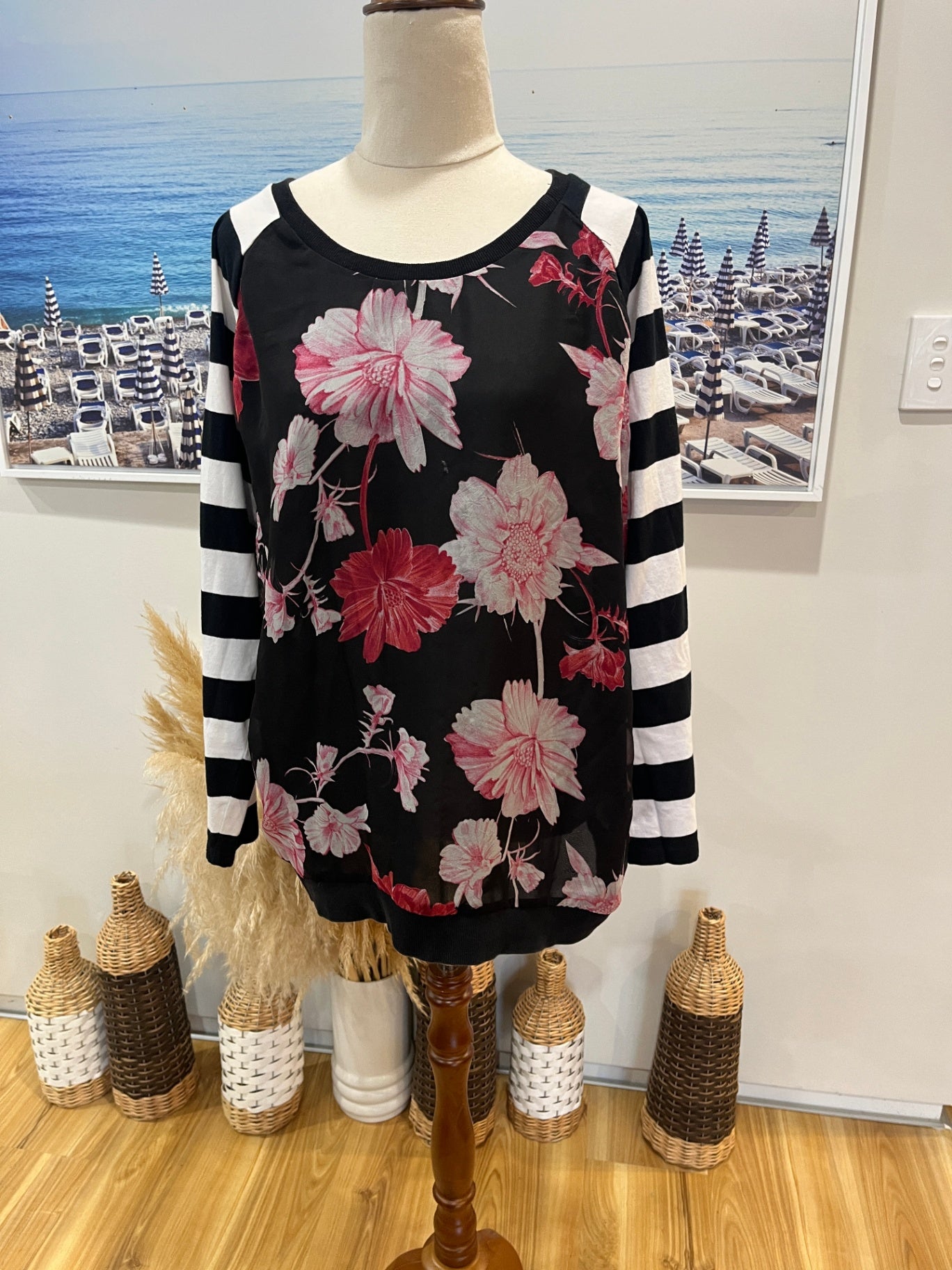 Charlo Top Black Floral with Black and White Sleeves XL