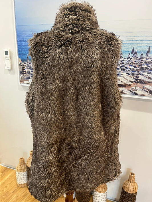 Faux Fur Vest Brown with Grey Knitted