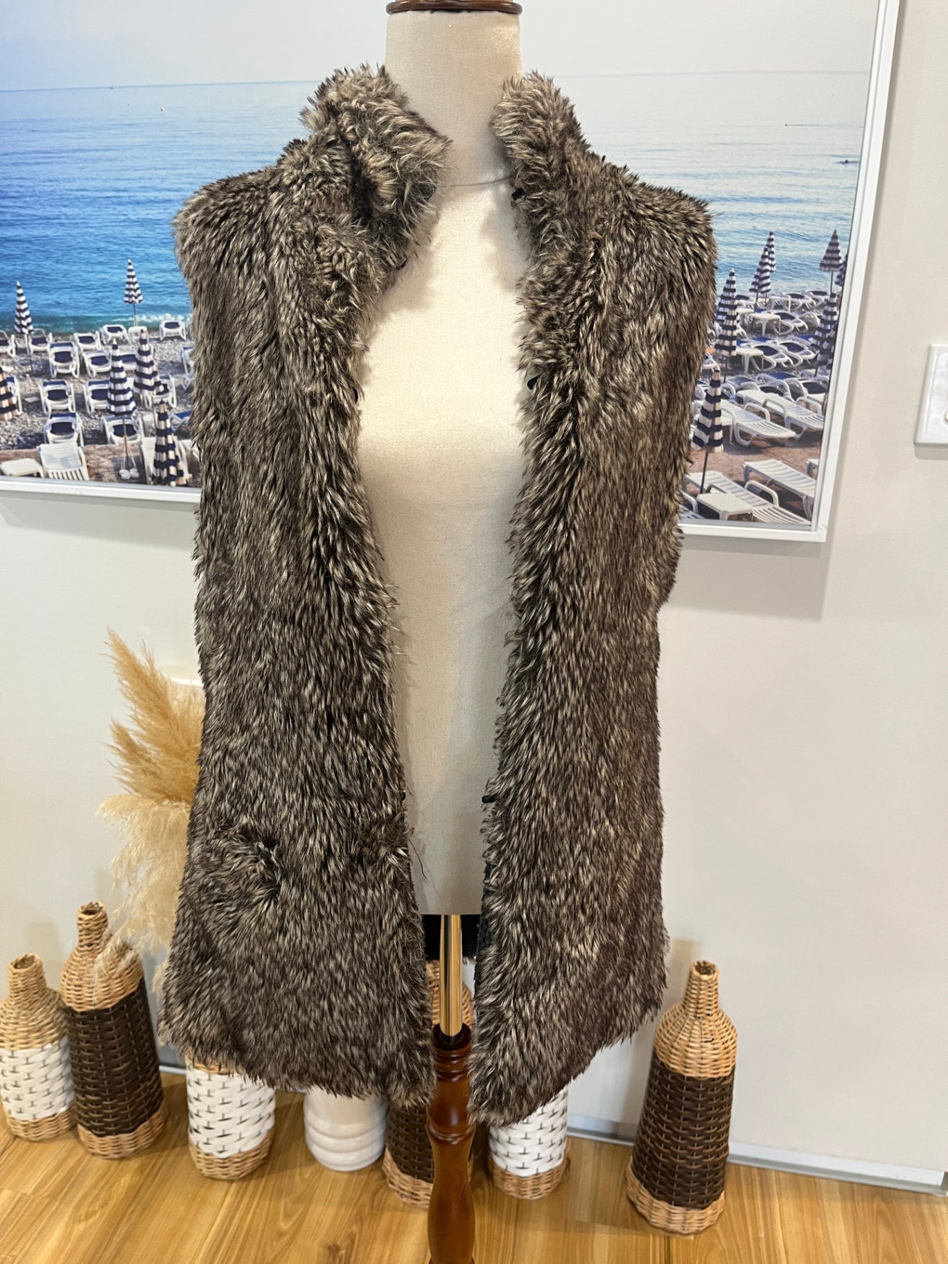 Faux Fur Vest Brown with Grey Knitted