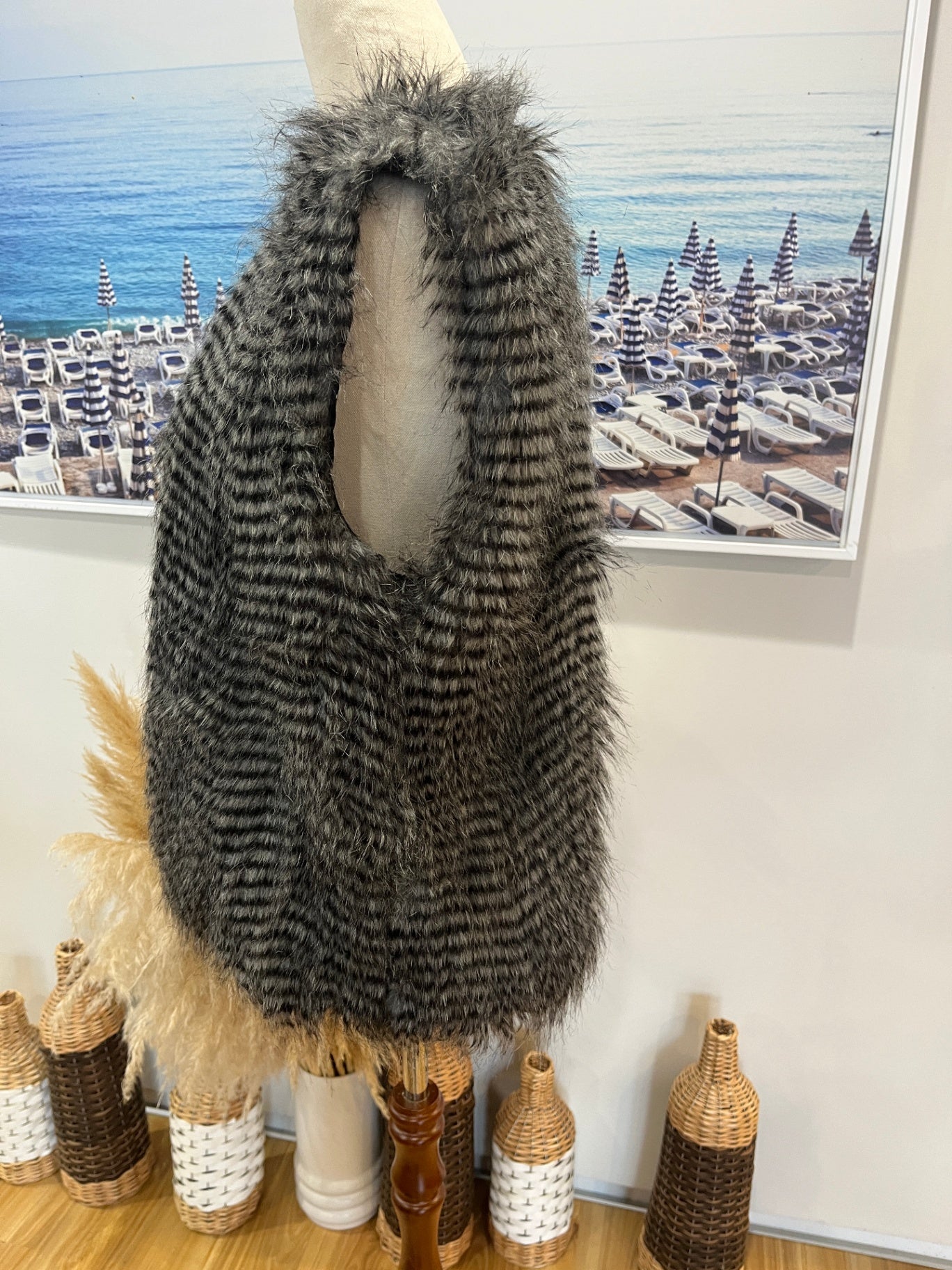 Faux Fur Stripes Vest Grey/BLack  Large