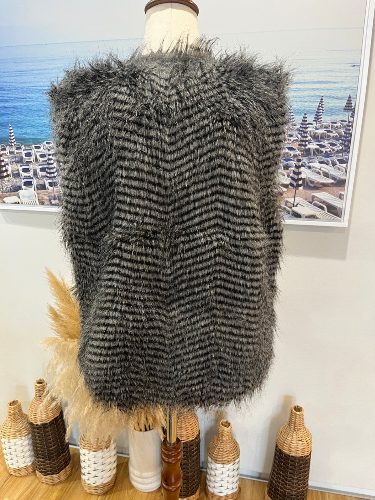 Faux Fur Stripes Vest Grey/BLack  Large