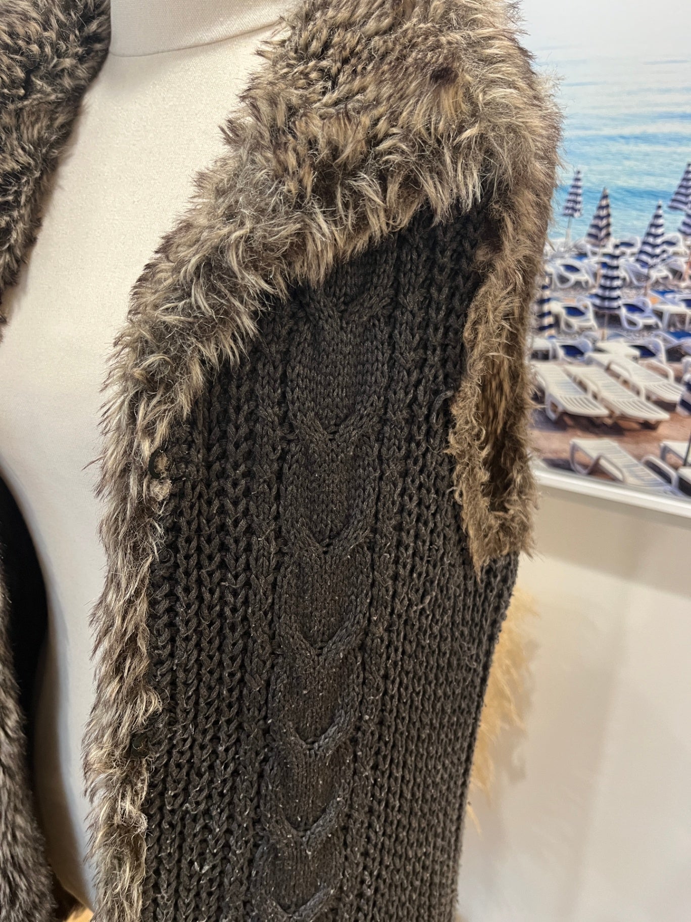 Faux Fur Vest Brown with Grey Knitted