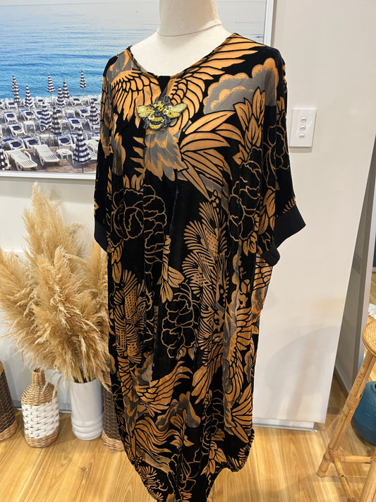Brown/Black Floral Dress Velvet & Sheer S