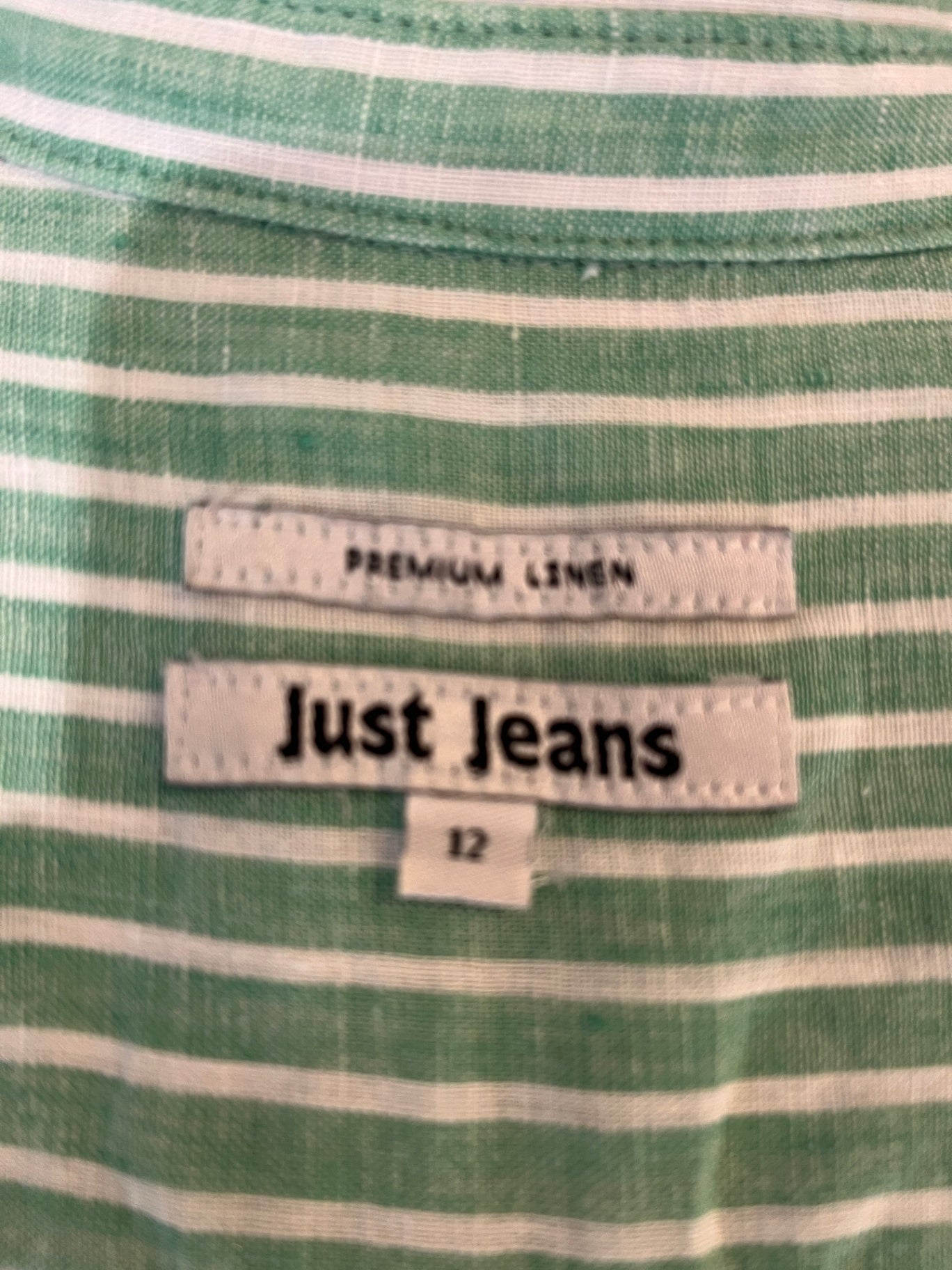 Just Jeans Shirt Green/white Stripes Size 12