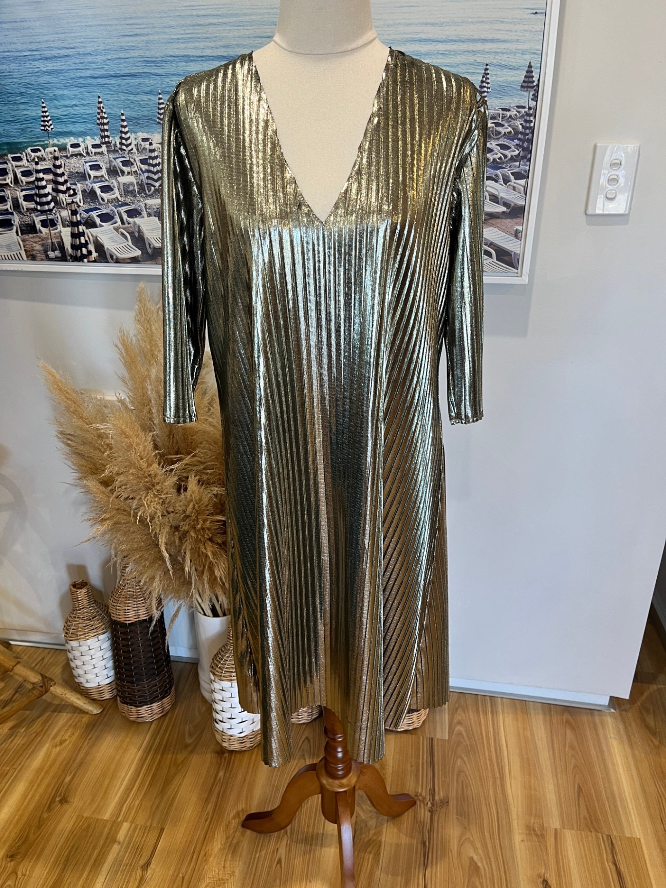 Harman Grubisa Metallic Pleated Dress Size 10