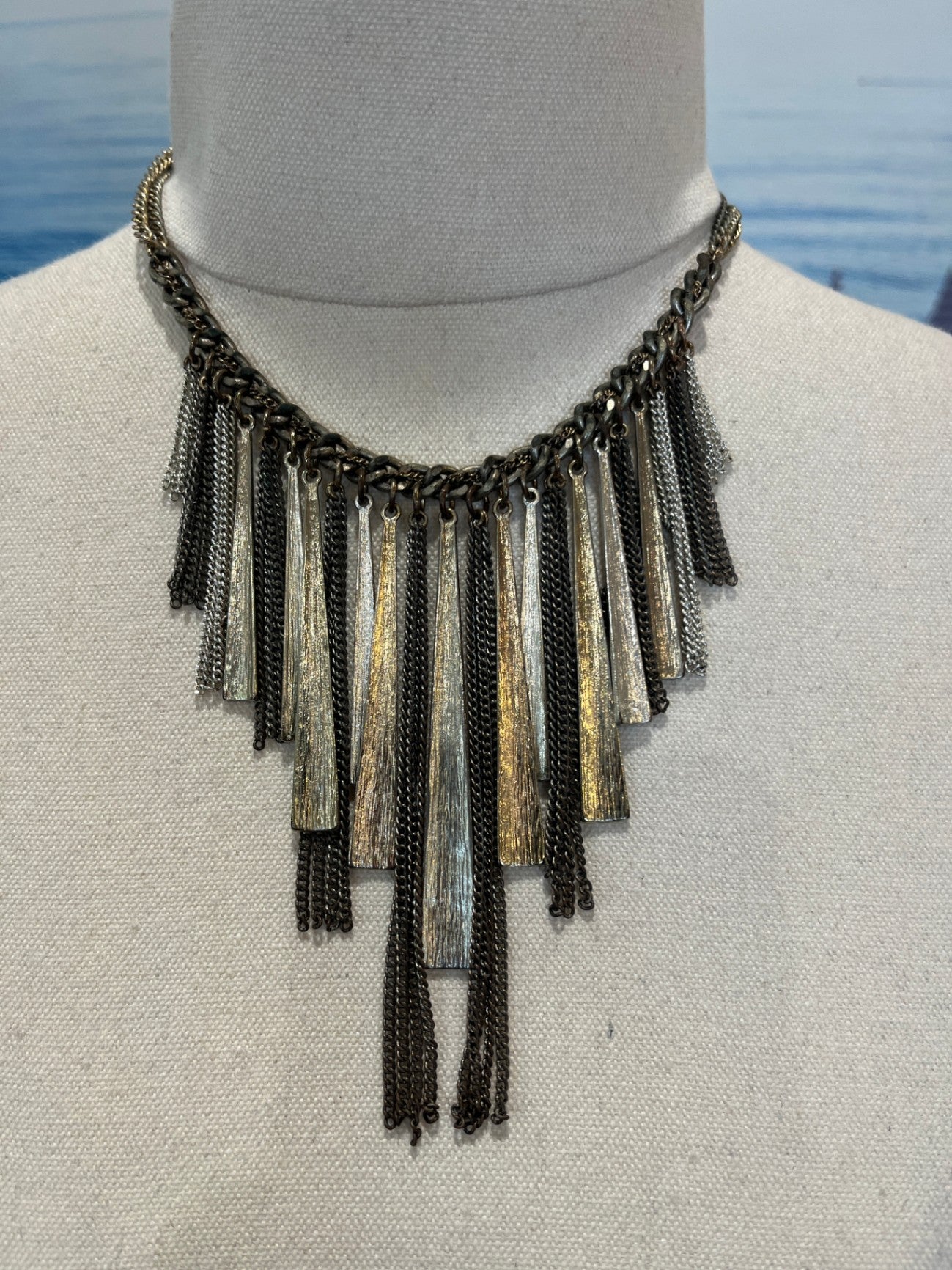 Necklace Silver Bronze Tones w/Shaped Dangles