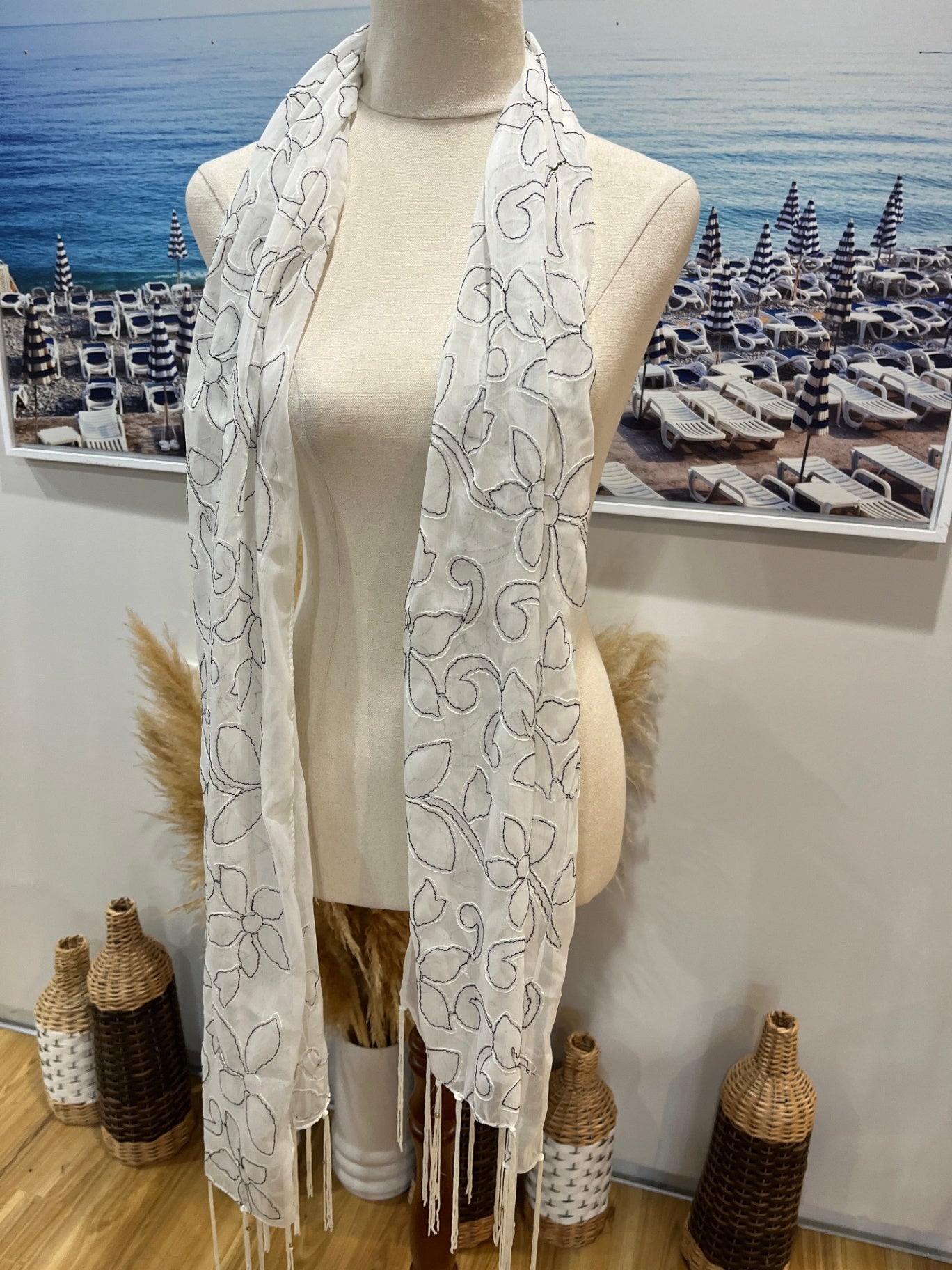 Black & White Floral Stitching Scarf