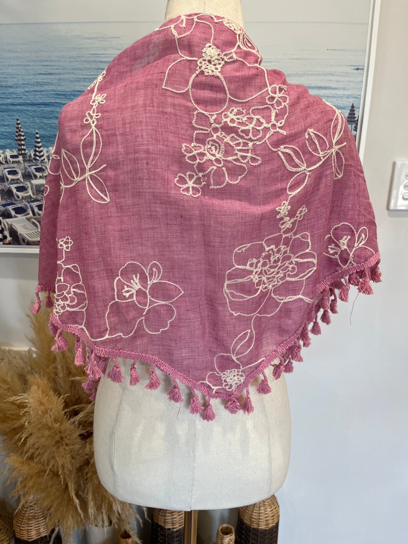 Shawl Pinky Purple w/ Tassles and White Embossed Fowers