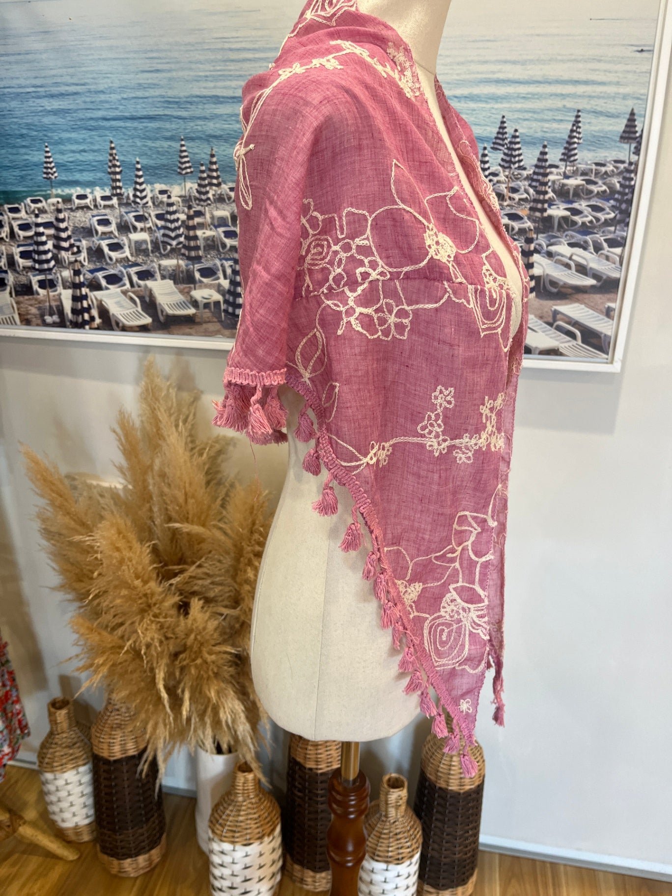 Shawl Pinky Purple w/ Tassles and White Embossed Fowers