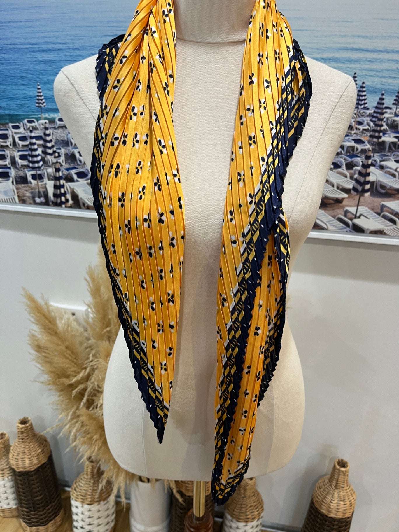 Yellow Pleated Scarf w/floral Pattern