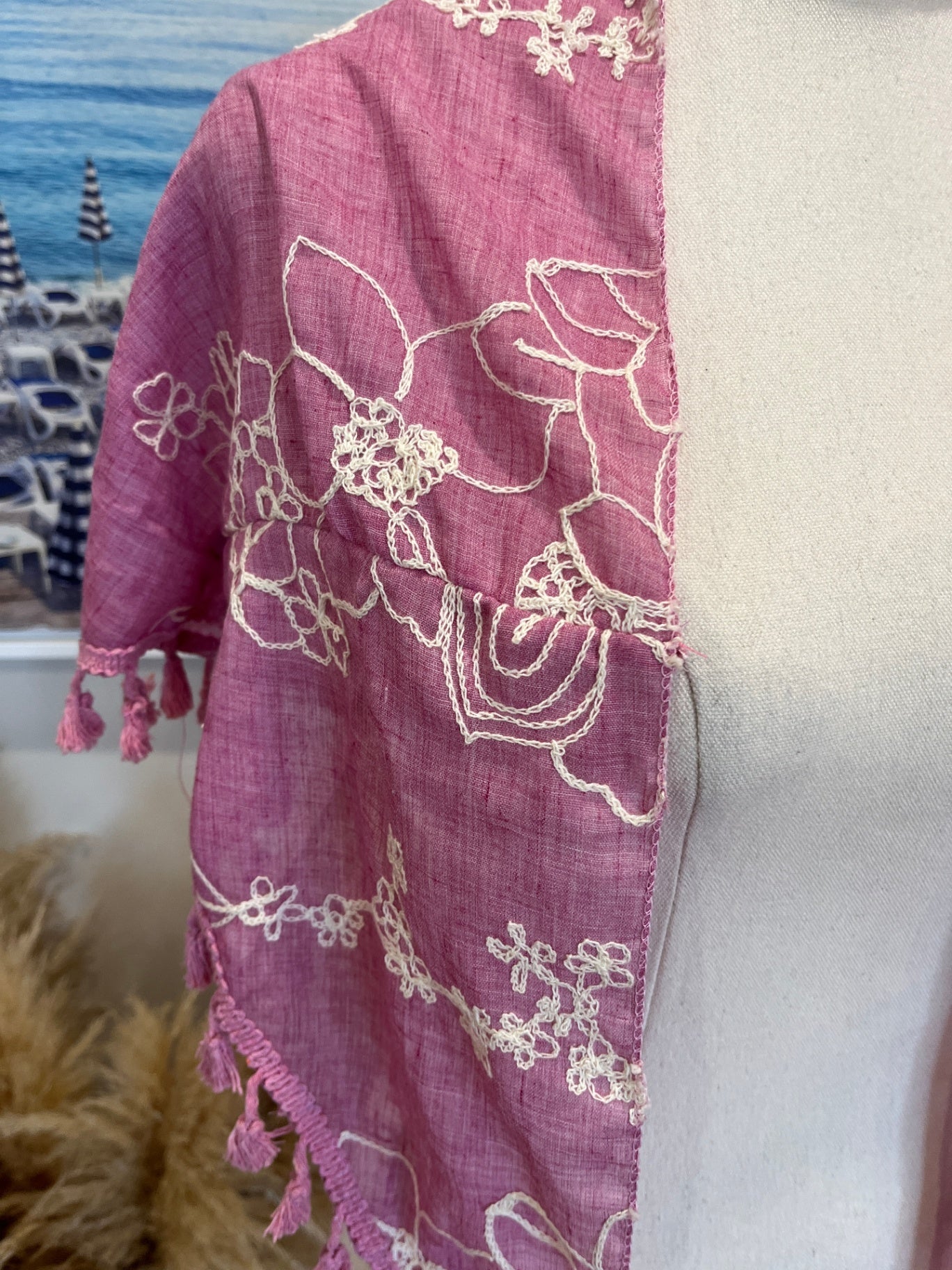 Shawl Pinky Purple w/ Tassles and White Embossed Fowers