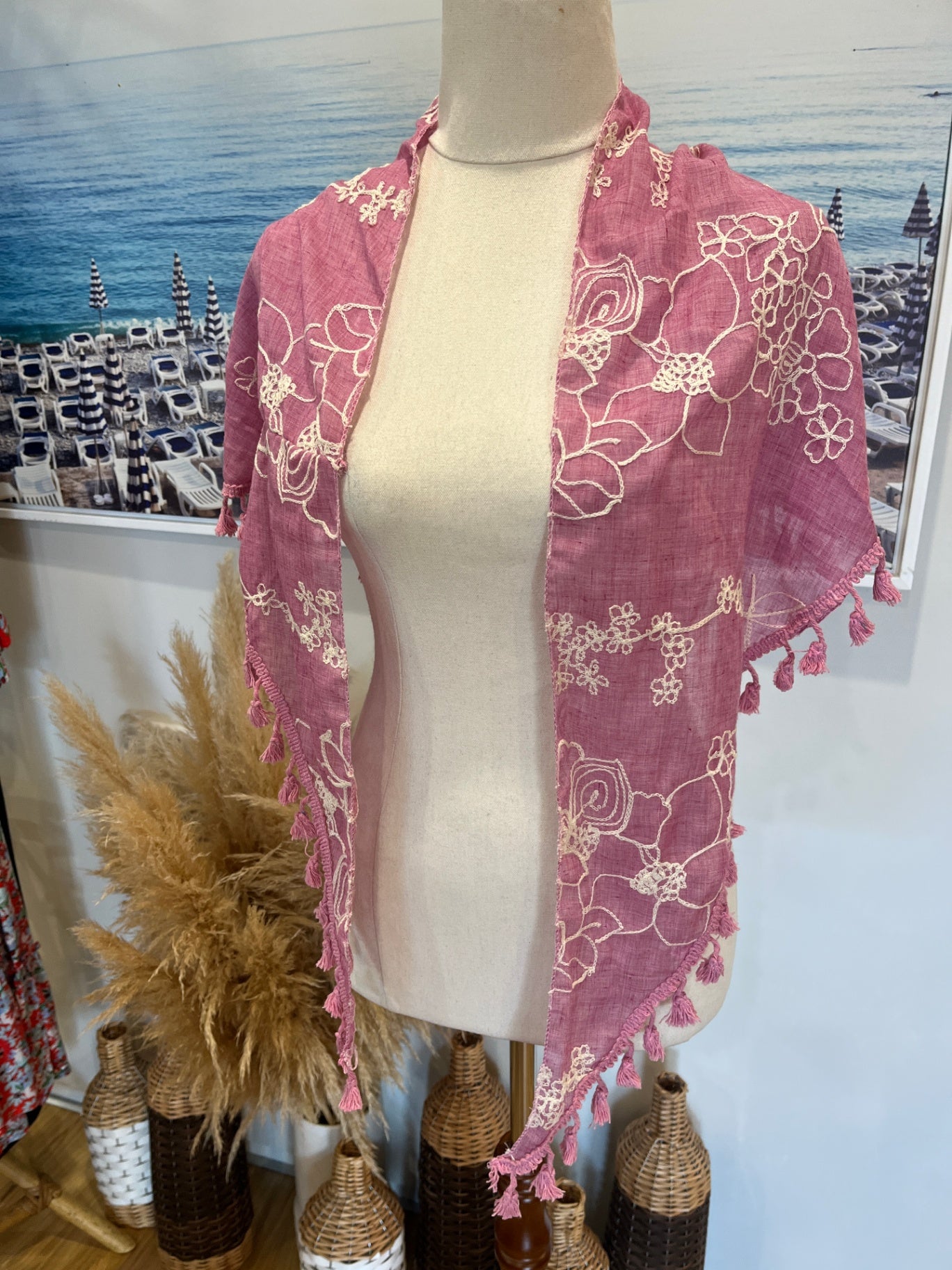 Shawl Pinky Purple w/ Tassles and White Embossed Fowers
