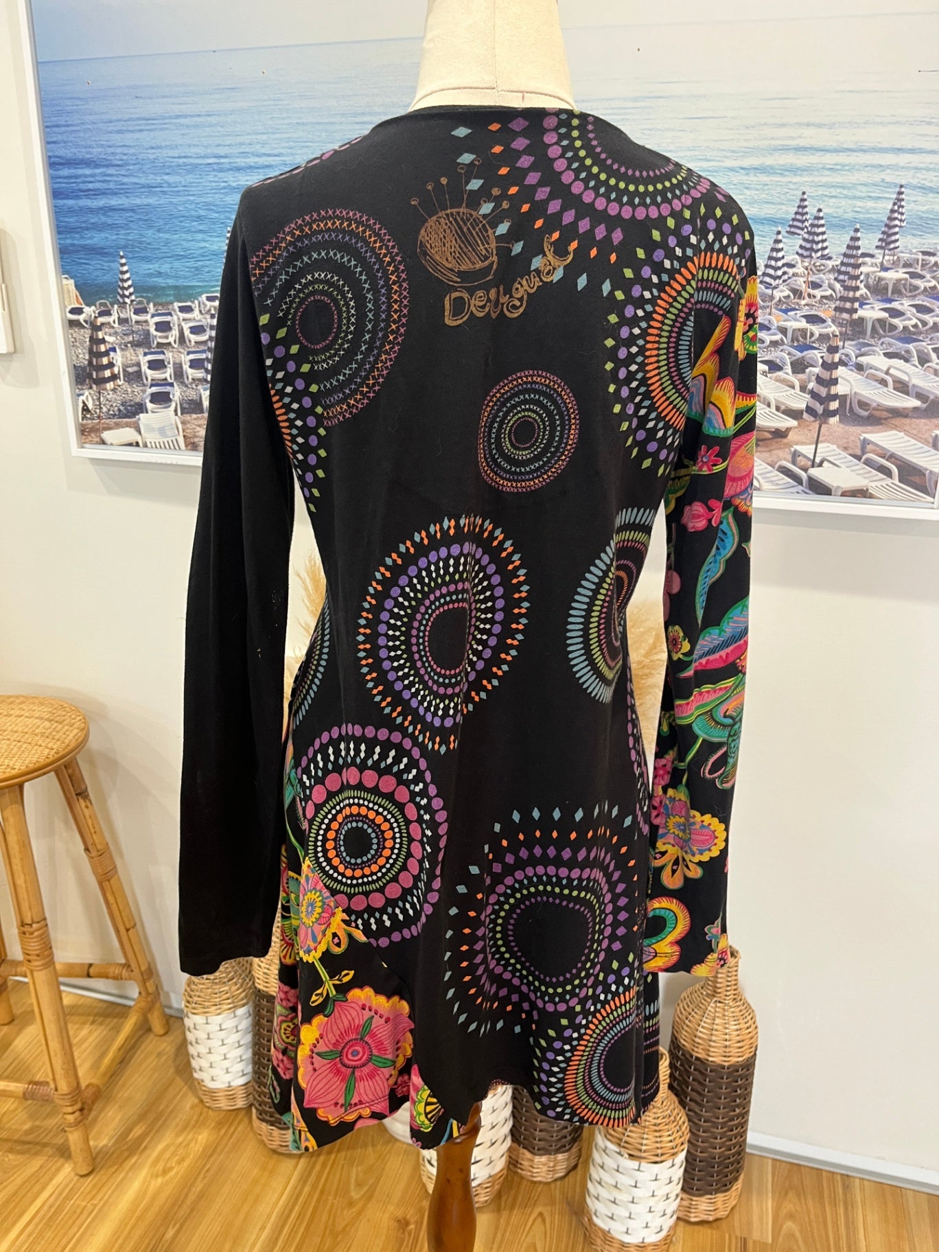 Desigual Dress Black w/Florals Hippy Style Size M
