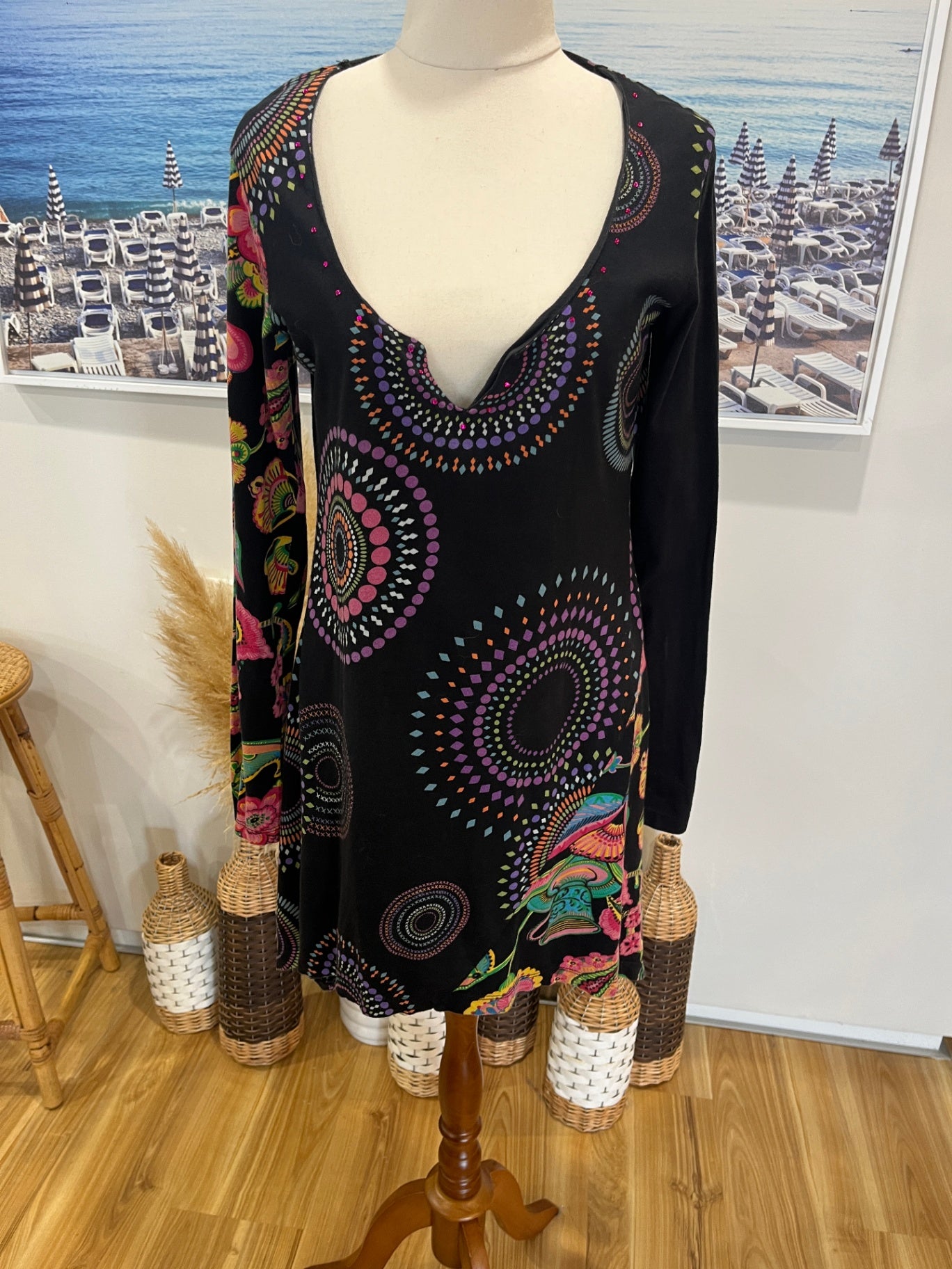Desigual Dress Black w/Florals Hippy Style Size M