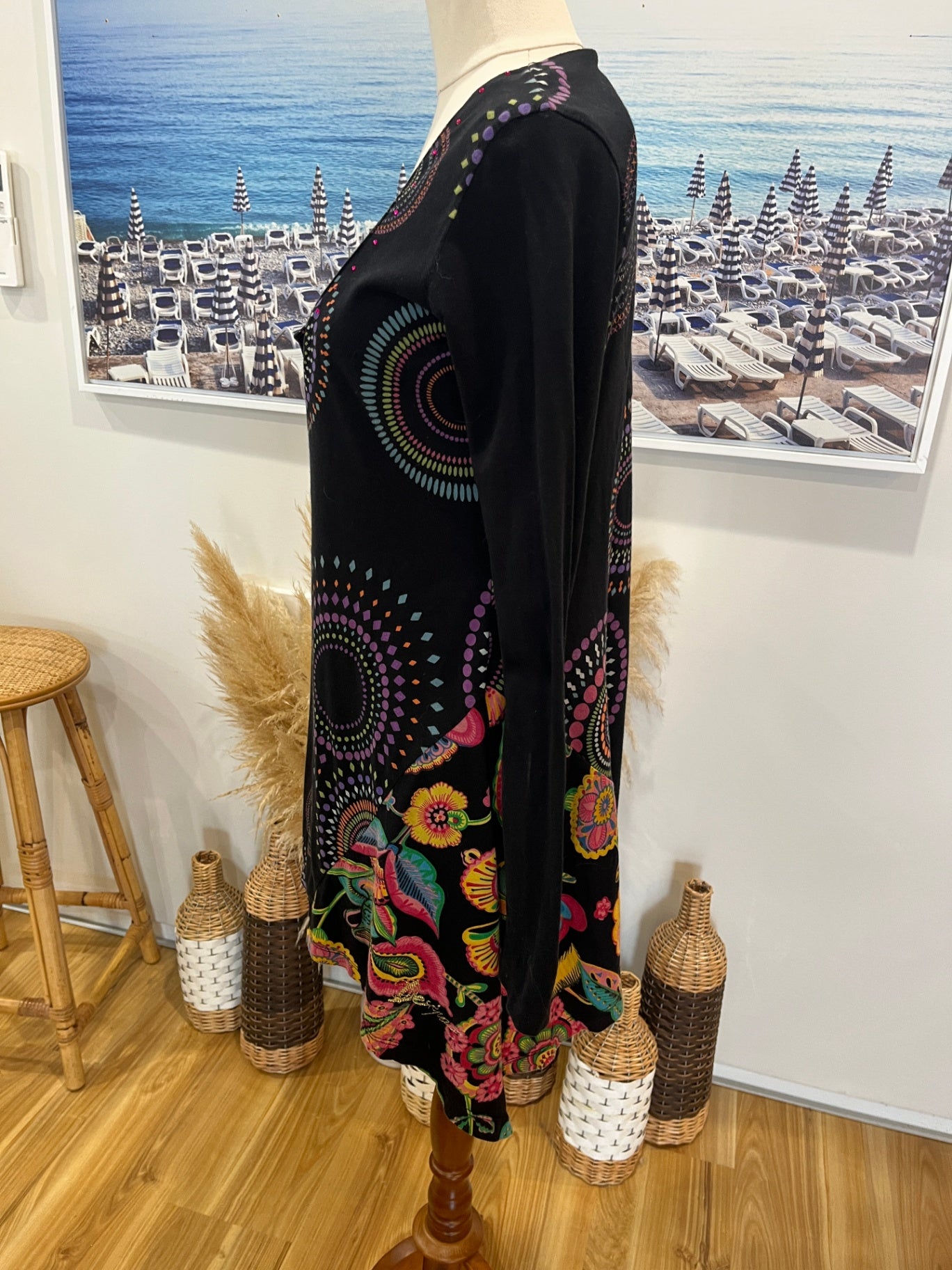 Desigual Dress Black w/Florals Hippy Style Size M