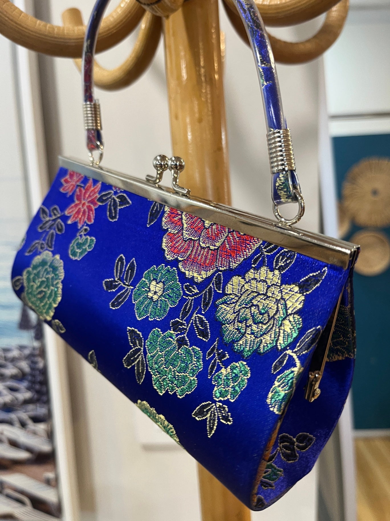 Blue Purse with Gold-Edged Floral Design