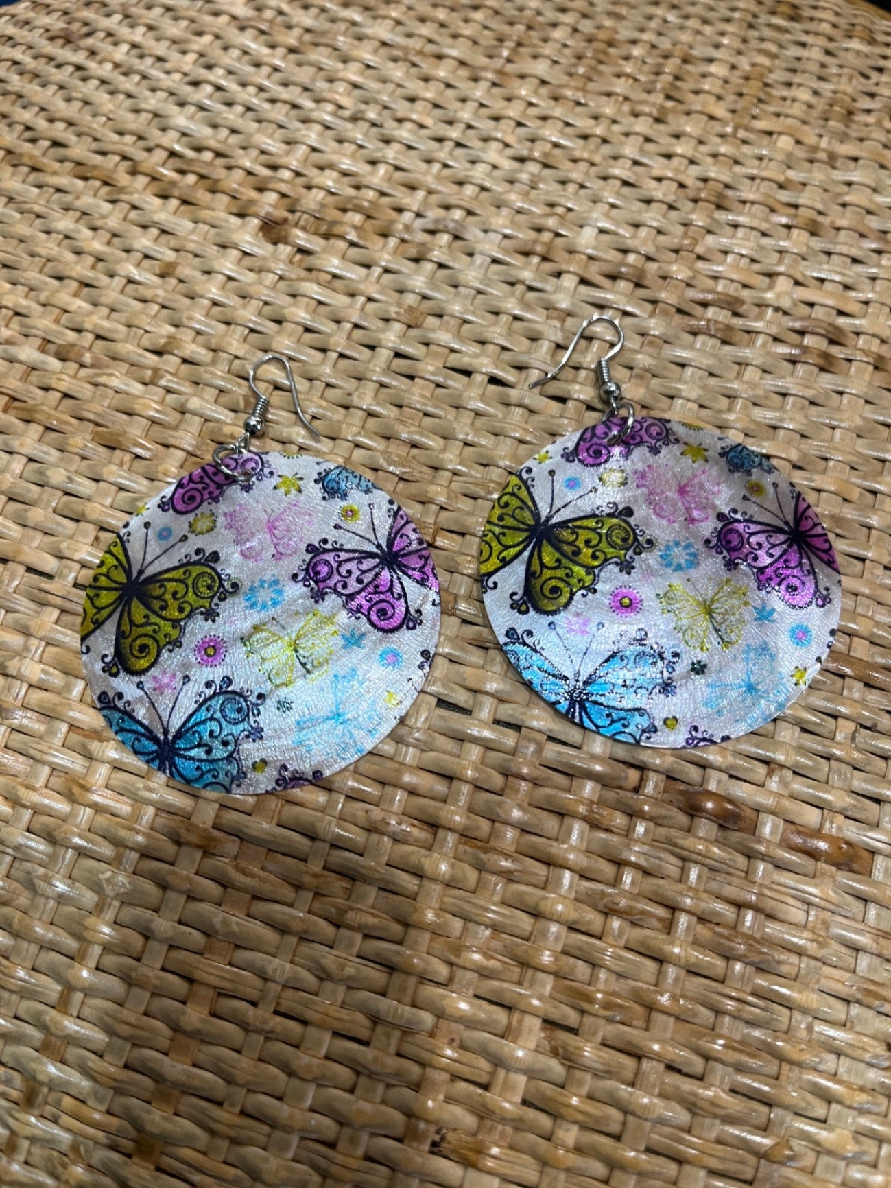 Round Earrings with Colorful Butterflies