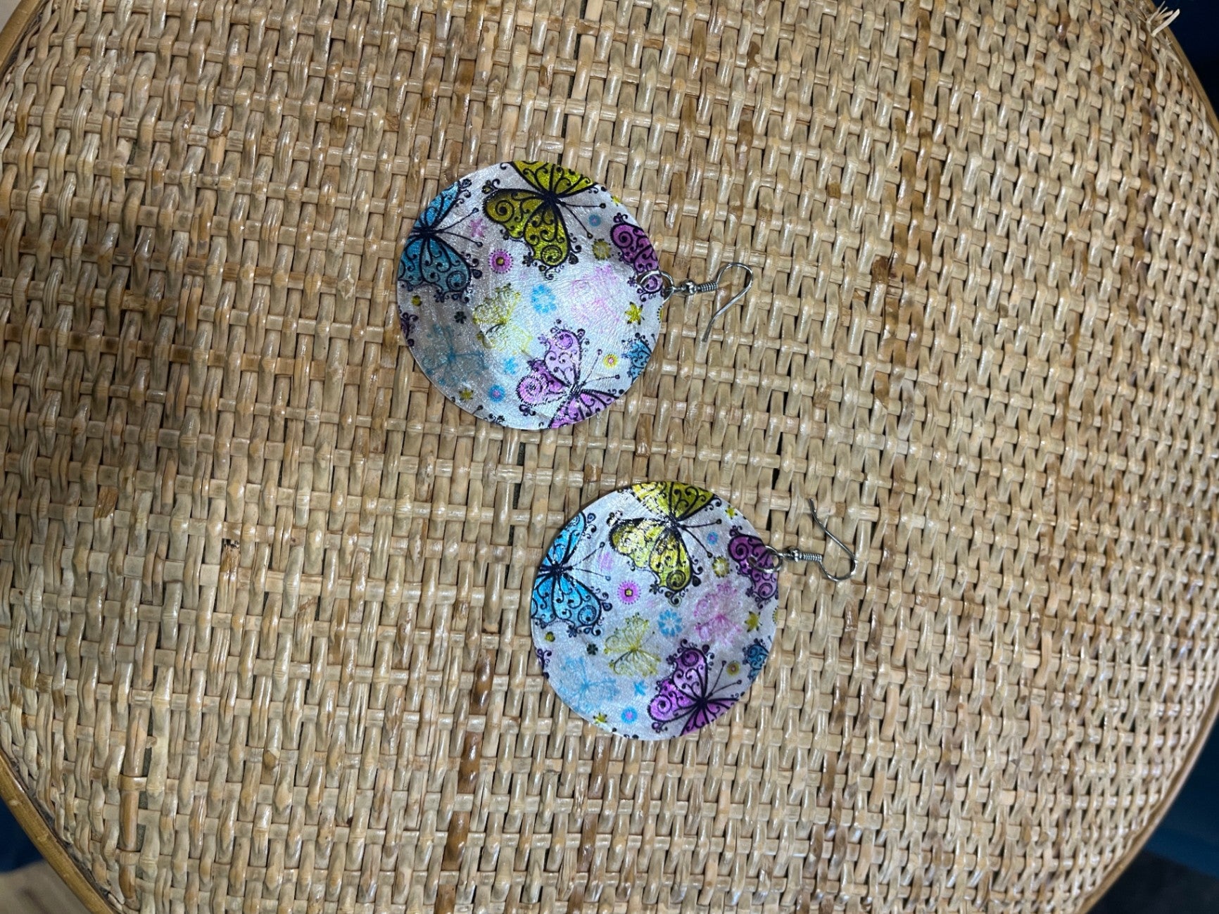 Round Earrings with Colorful Butterflies