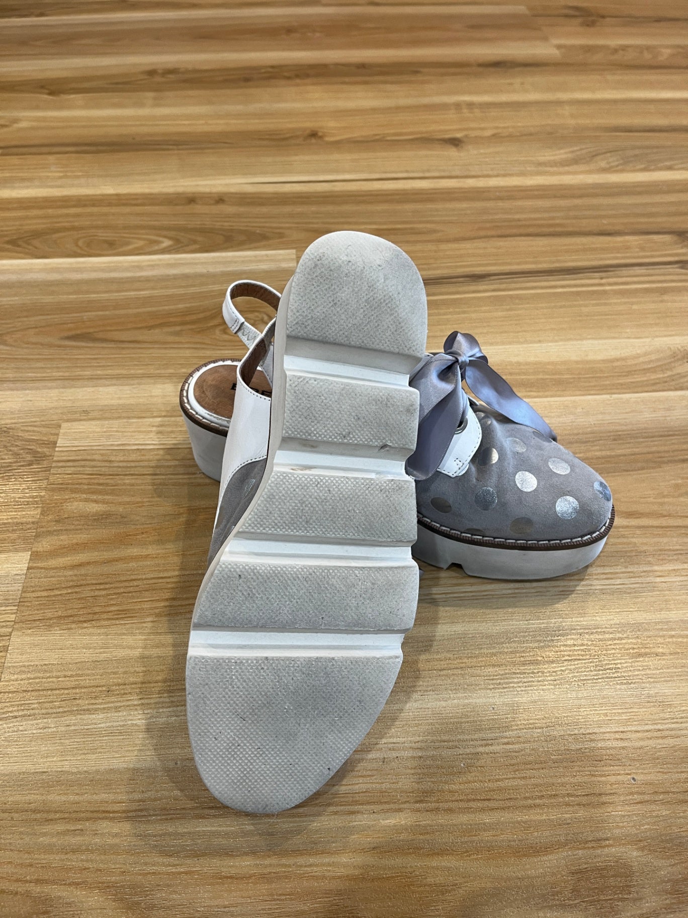 Bresley White/Grey Dot Platform Shoes | Ribbon Bow Details  | EU 38