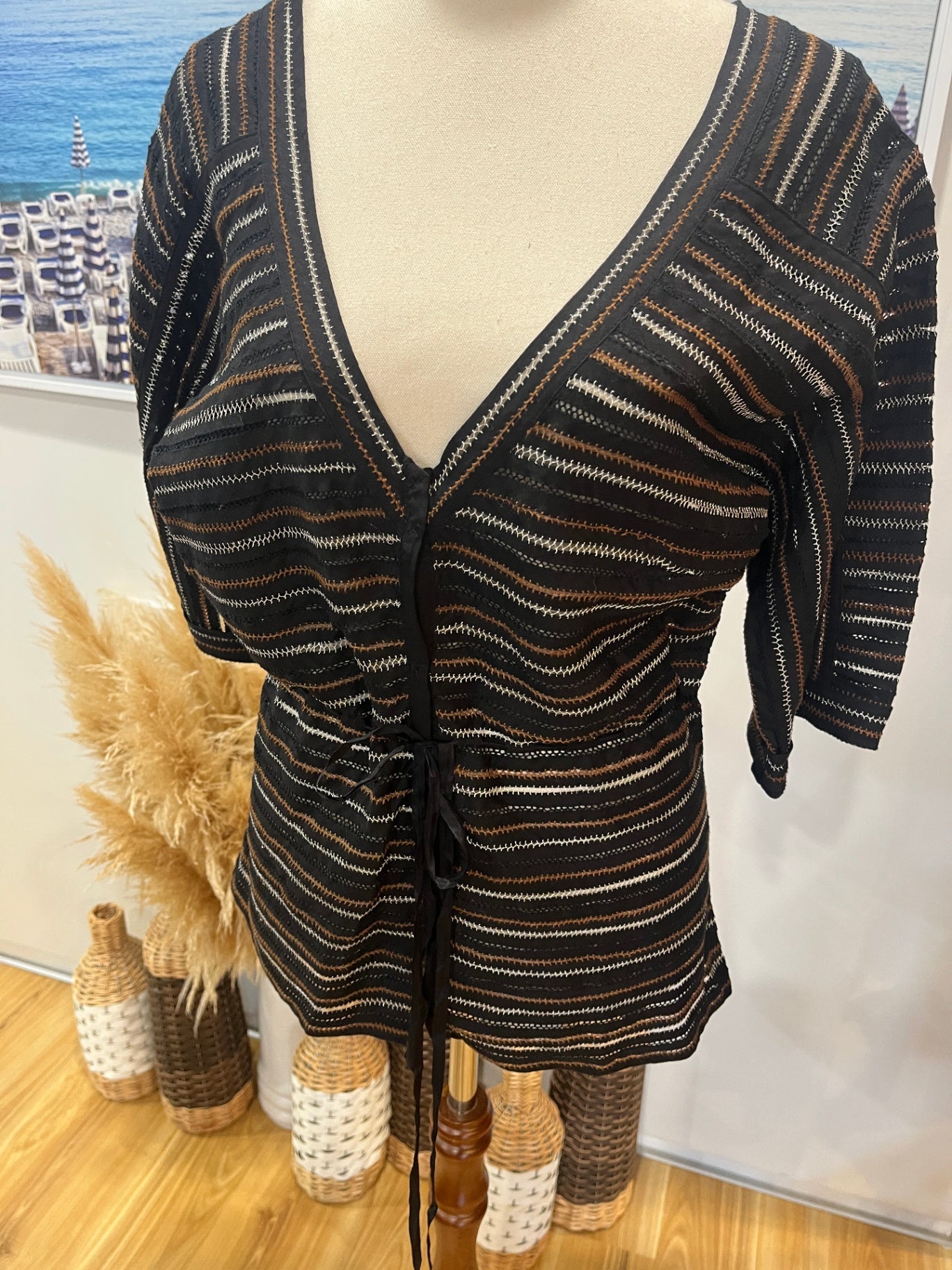 Easton Pearson Black Mesh-Stitched Top, Size 10