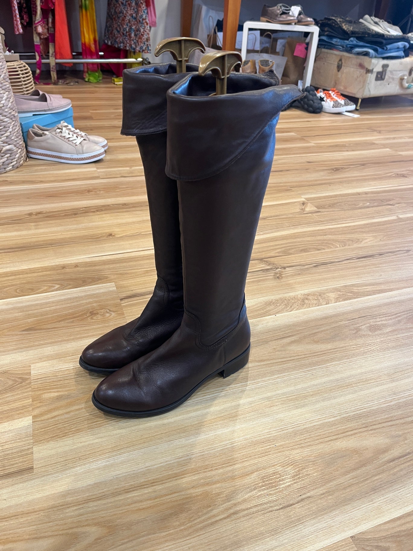 Freeflex by Jane Shilton Brown Leather Knee-High Boots with Fold-Over Cuff, Size 39