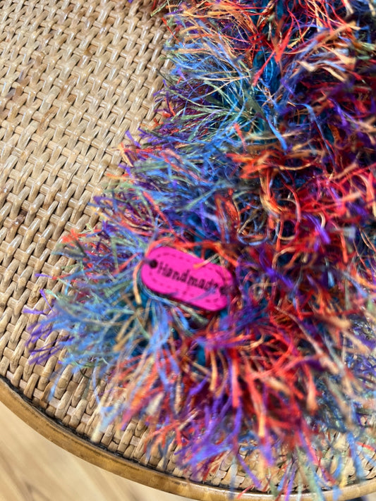Fuzzy Yarn Rainbow Color Fingerless Gloves-Handmade