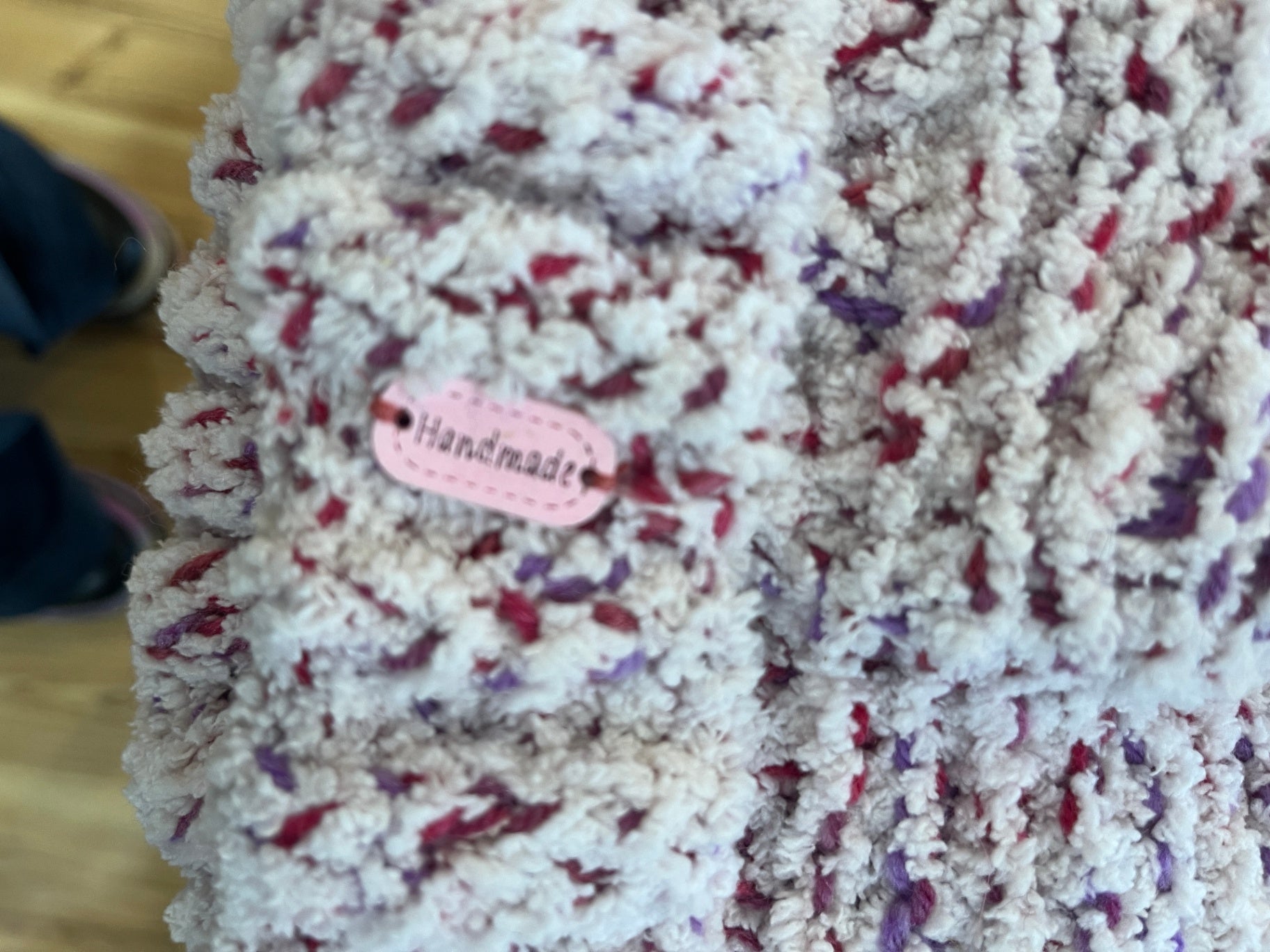 Beanie and Fingerless Gloves Handmade with Pink and Purple Accents