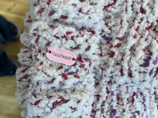 Beanie and Fingerless Gloves Handmade with Pink and Purple Accents