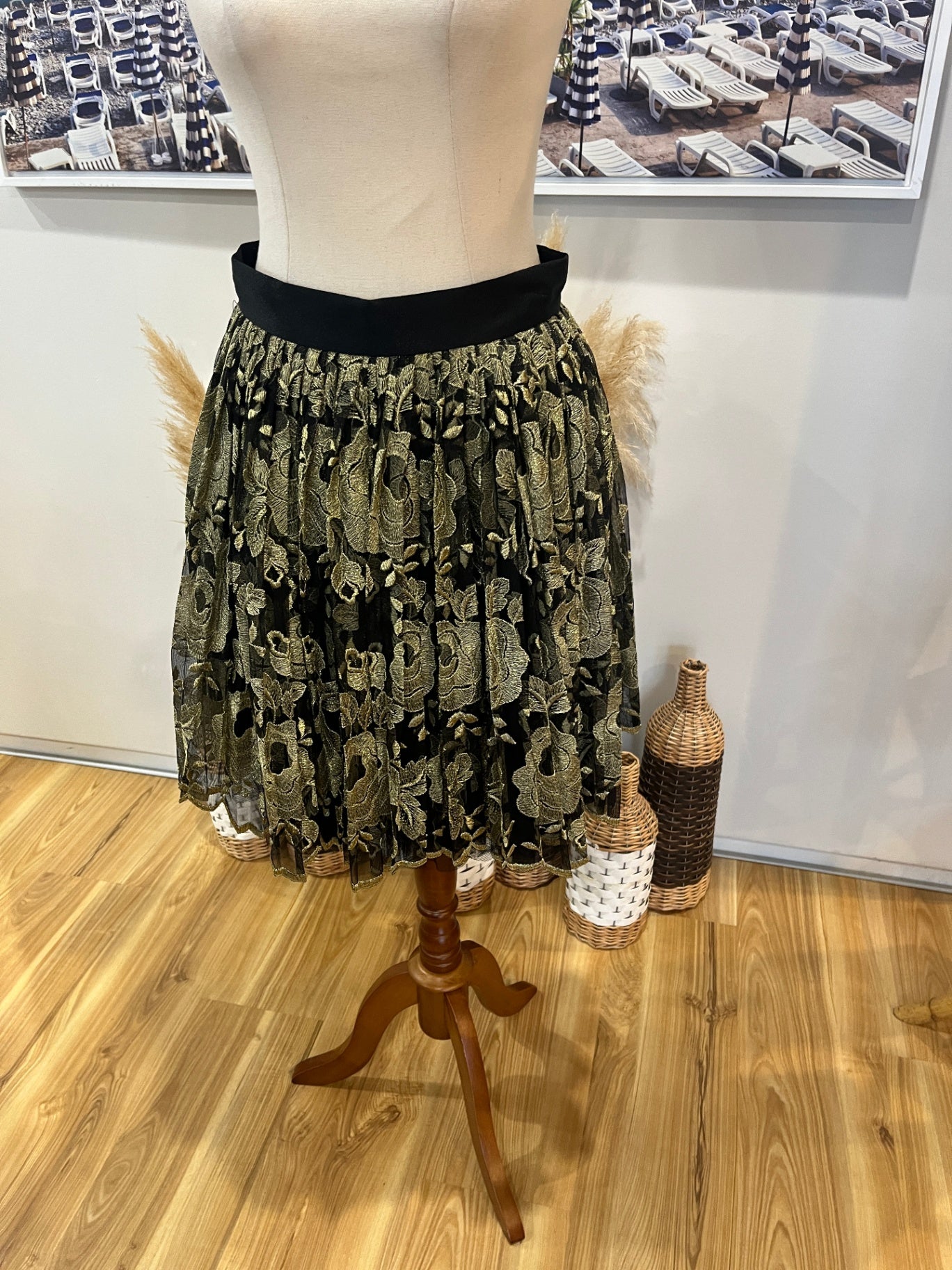 Jill Fitzsimon Black Skirt with Gold Floral Print