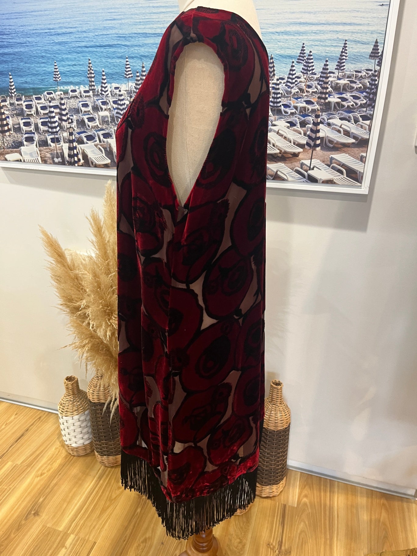 Velvet Dress with Red Roses and Black Fringe, M