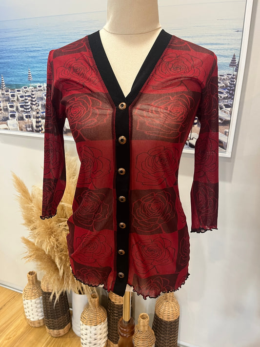 Roisin Dubh Red Check and Rose Print Button-Up Top, Large